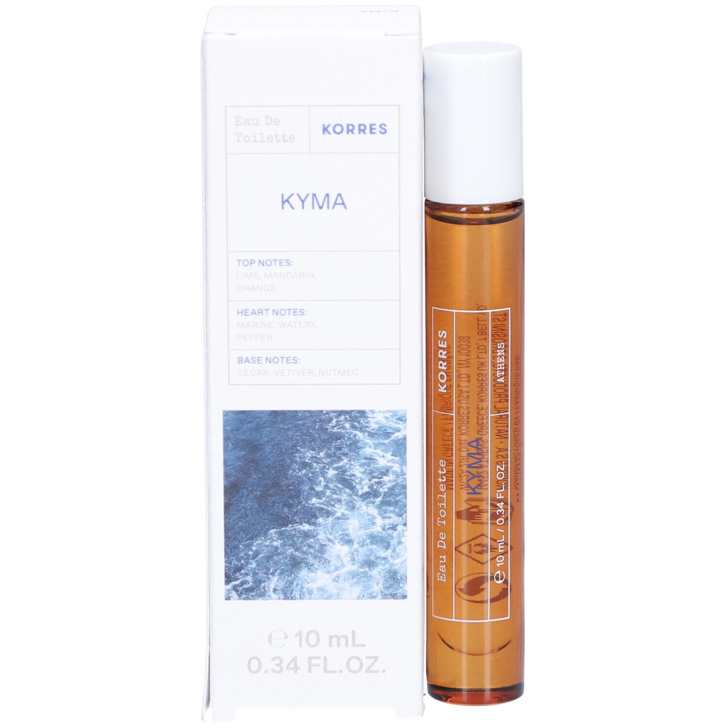 Flacon roll-on et emballage. Flacon : liquide brun, bouchon blanc. Emballage : blanc, mer bleue.