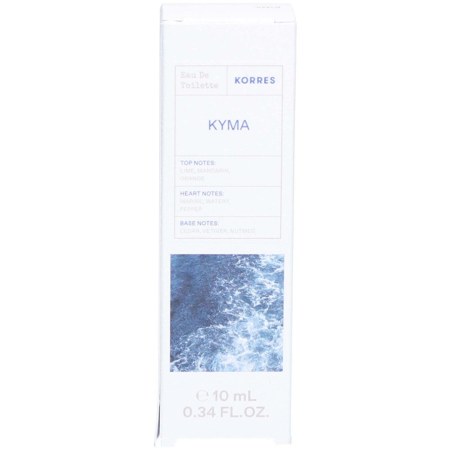 Emballage : blanc, mer bleue. Inscriptions : Korres, Kyma, Eau de Toilette, 10 ml. Ingrédients.