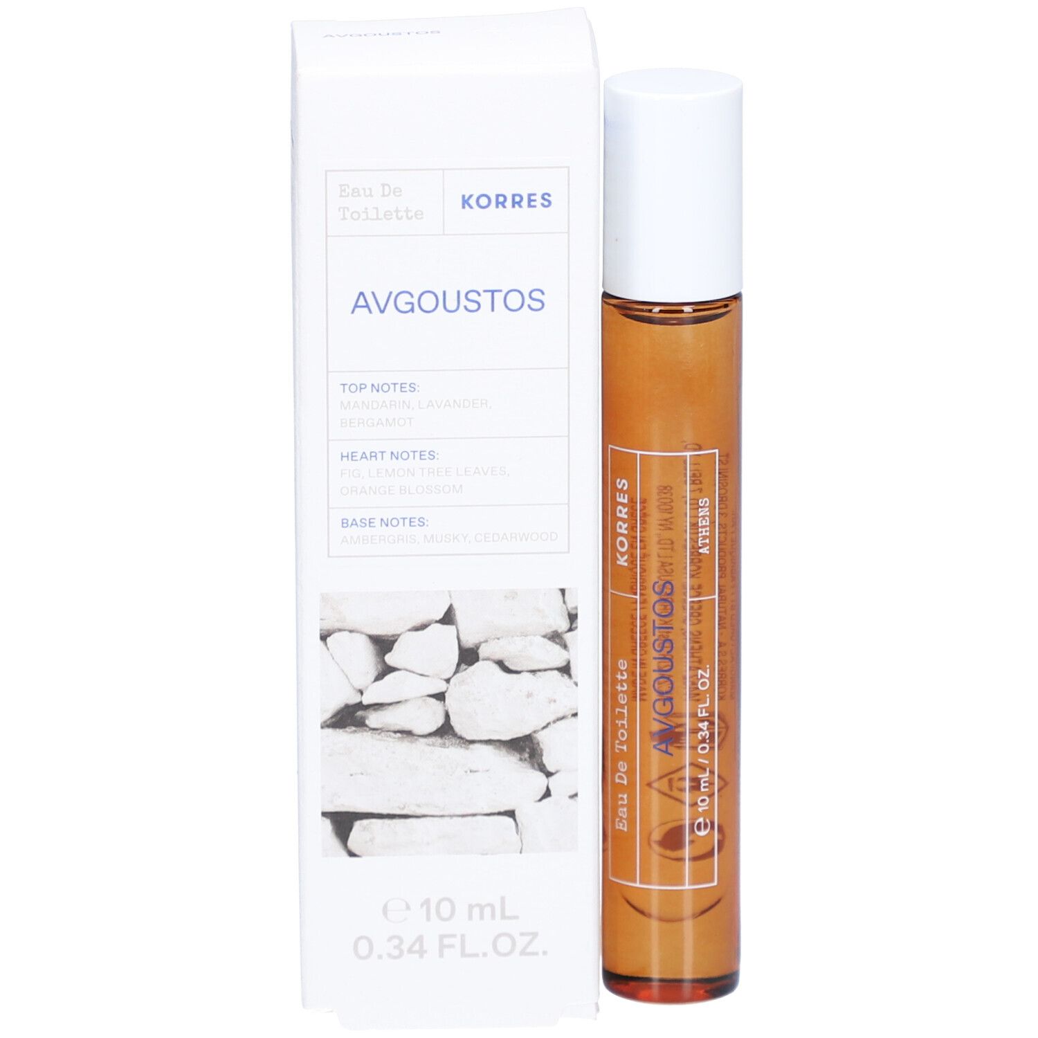 Korres Eau de Toilette Avgoustos. Flacon en verre brun avec bouchon blanc et emballage blanc. Texte : Avgoustos, 10 ml, 0.34 FL. OZ.