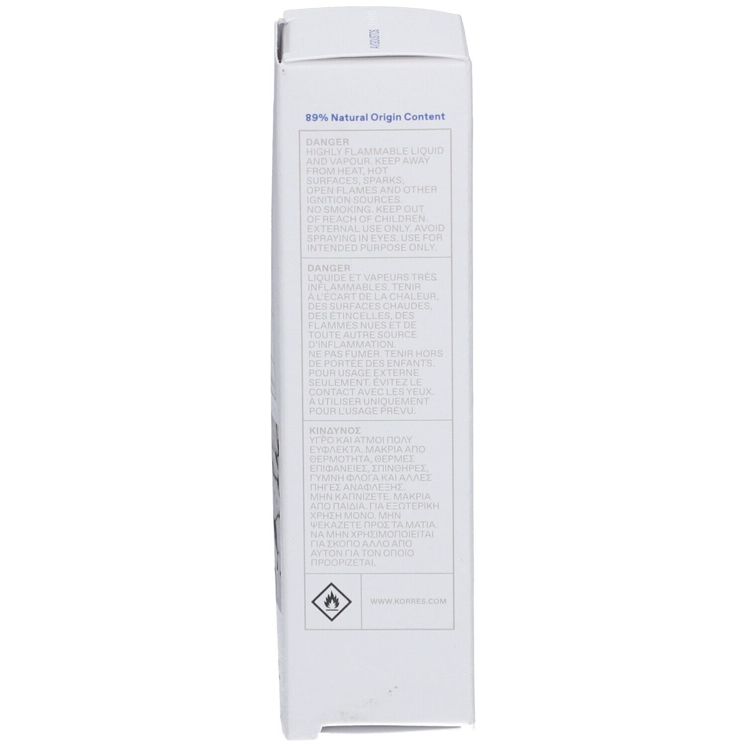 Emballage blanc avec texte. Contient des informations sur les ingrédients et des avertissements. Marque : Korres. 89% d'origine naturelle.