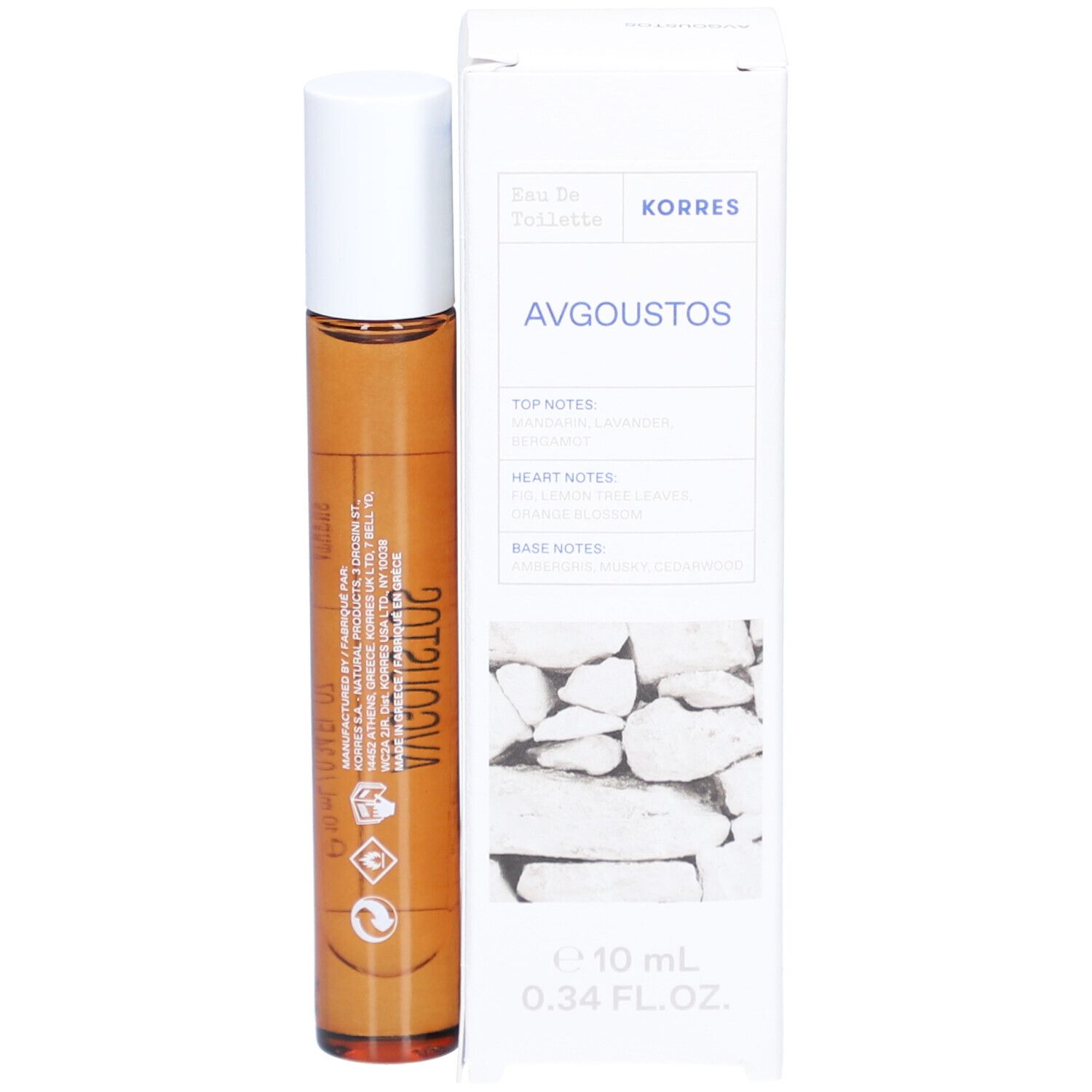 Korres Eau de Toilette Avgoustos. Flacon en verre brun avec bouchon blanc et emballage blanc. Texte : Avgoustos, 10 ml, 0.34 FL. OZ.