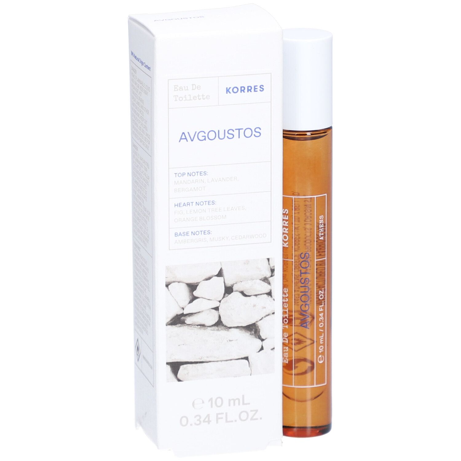Korres Eau de Toilette Avgoustos. Flacon en verre brun avec bouchon blanc et emballage blanc. Texte : Avgoustos, 10 ml, 0.34 FL. OZ.