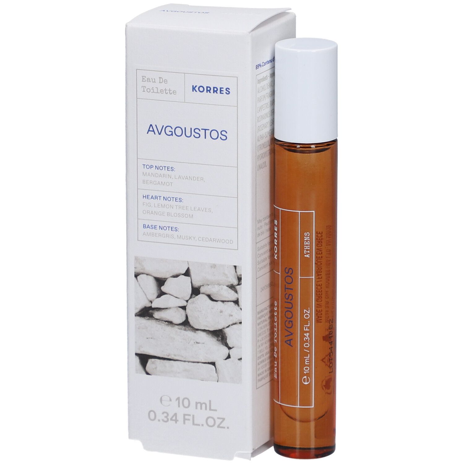 Korres Eau de Toilette Avgoustos. Flacon en verre brun avec bouchon blanc et emballage blanc. Texte : Avgoustos, 10 ml, 0.34 FL. OZ.