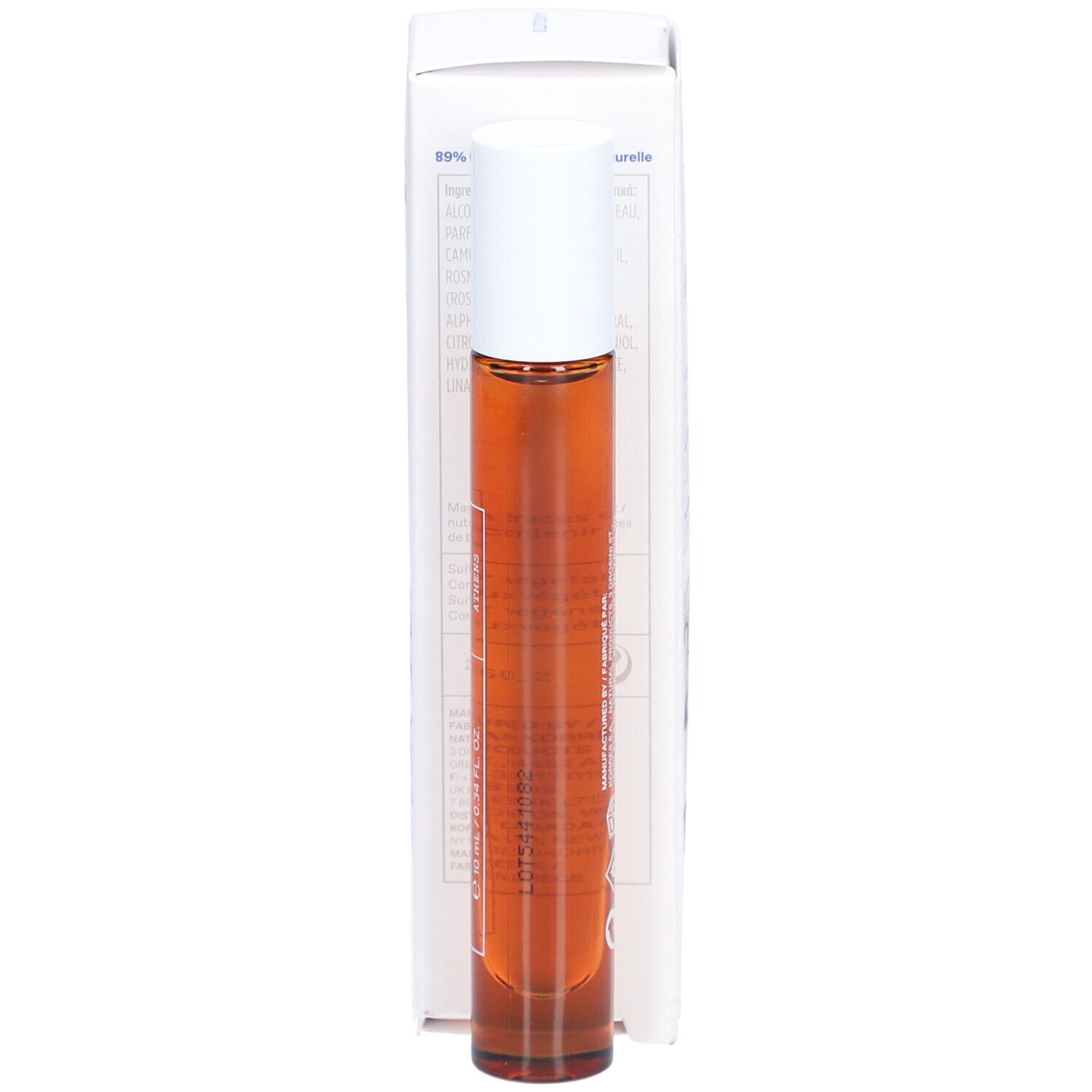 Emballage blanc avec flacon en verre brun et bouchon blanc. Texte : Korres, Avgoustos, 10 ml, 0.34 FL. OZ. Dos avec texte.
