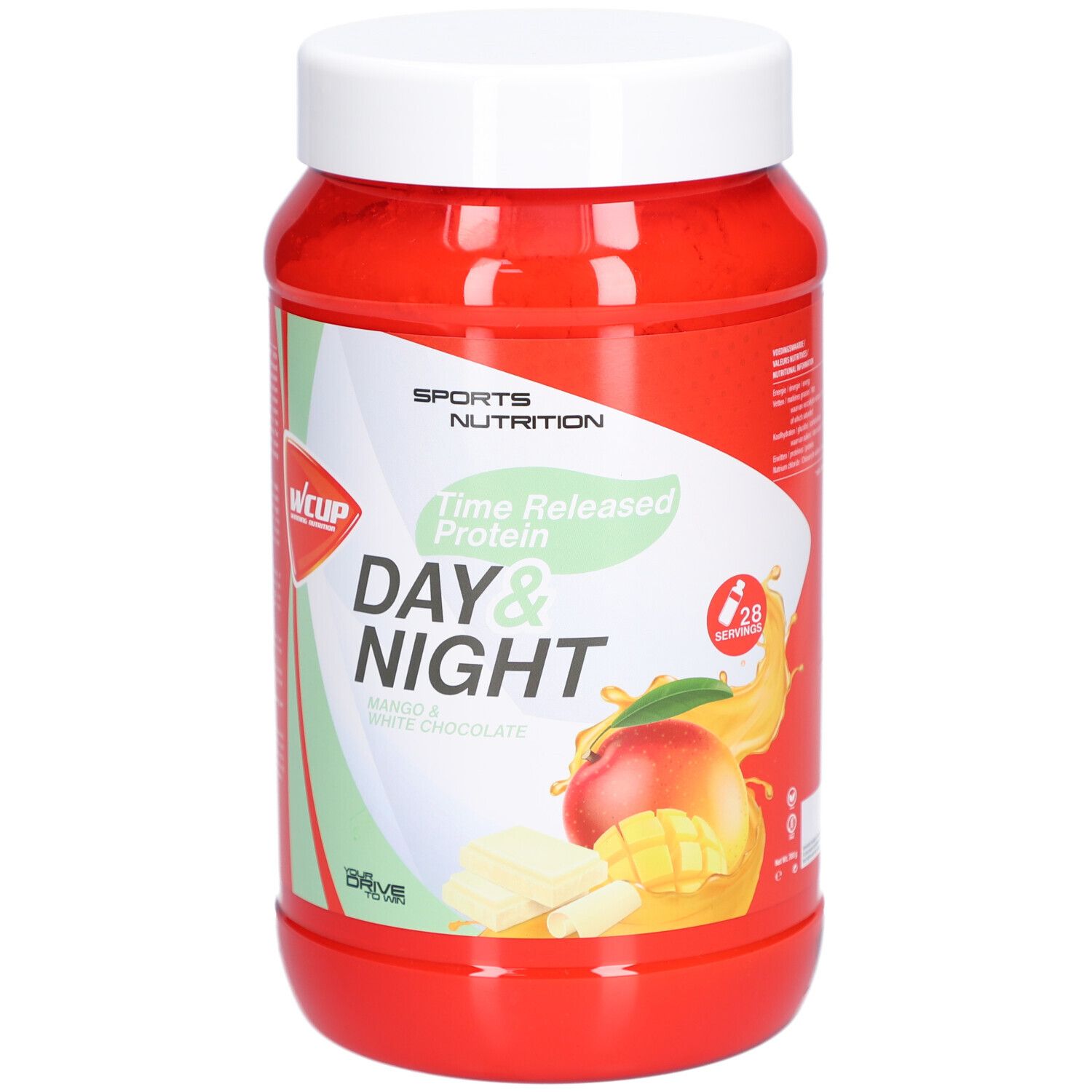 Pot rouge avec couvercle blanc. Inscription : Time Released Protein Day & Night. Illustration de mangue et chocolat blanc.