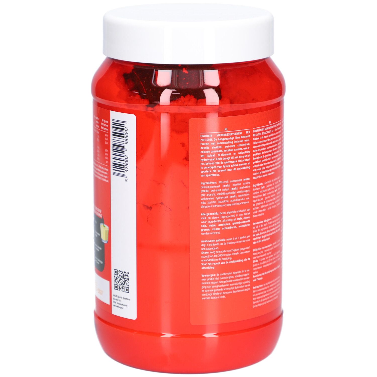 Pot rouge avec couvercle blanc. Dos avec texte. Inscription : WCUP. Texte en plusieurs langues.