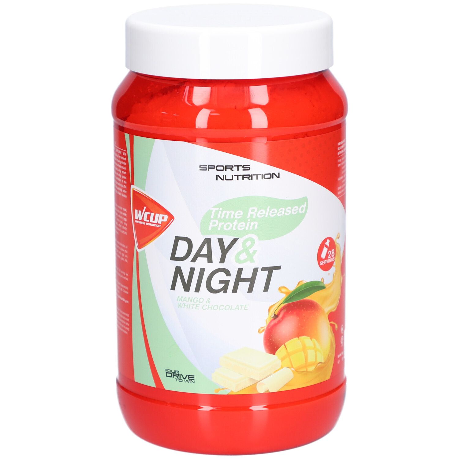 Pot rouge avec couvercle blanc. Inscription : Time Released Protein Day & Night. Illustration de mangue et chocolat blanc.
