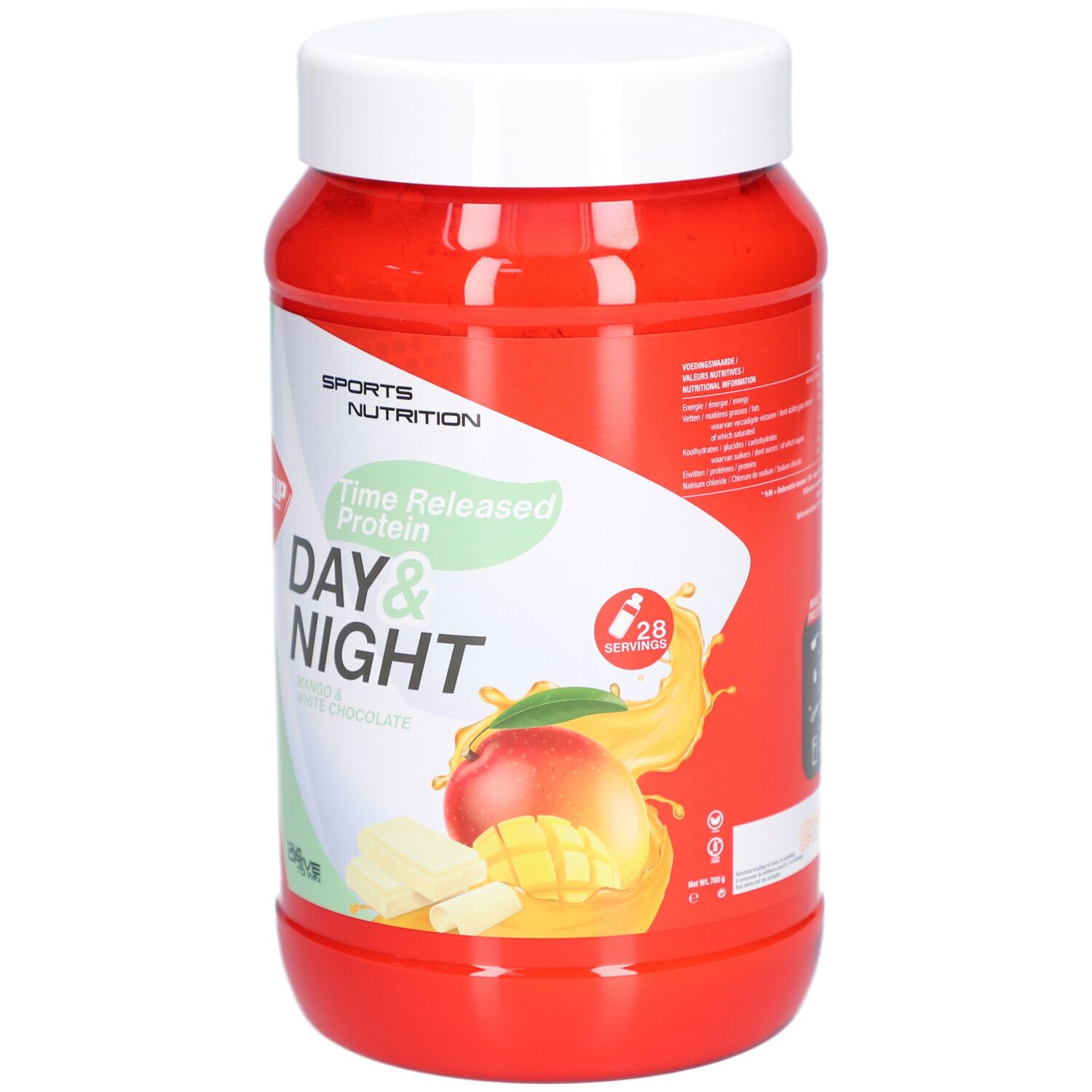 Pot rouge avec couvercle blanc. Inscription : Time Released Protein Day & Night. Illustration de mangue et chocolat blanc.
