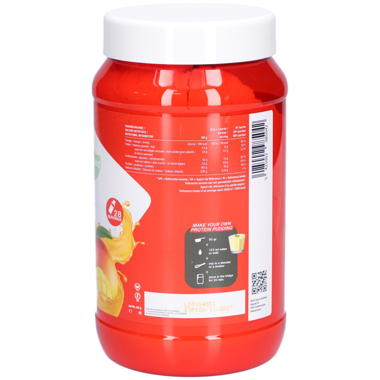 Pot rouge avec couvercle blanc. Dos avec texte. Inscription : WCUP. Texte en plusieurs langues. Illustration de mangue.