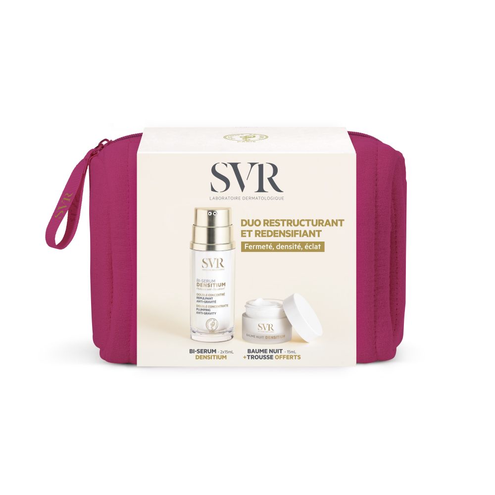 Set avec trousse rose et emballage. Contient deux produits et le logo SVR. Texte: Duo Restructurant et Redensifiant.
