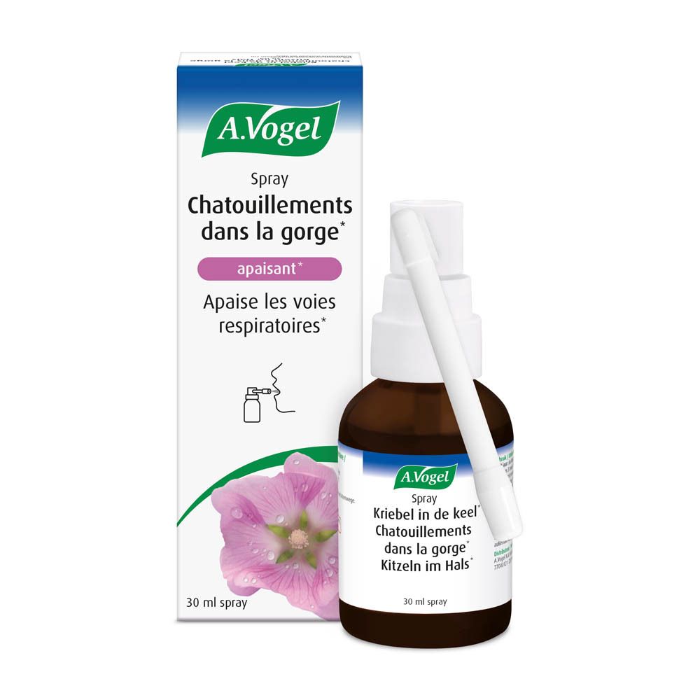 Flacon et boîte A. Vogel Spray. Flacon marron, pulvérisateur blanc. Texte: Spray Chatouillements dans la gorge.