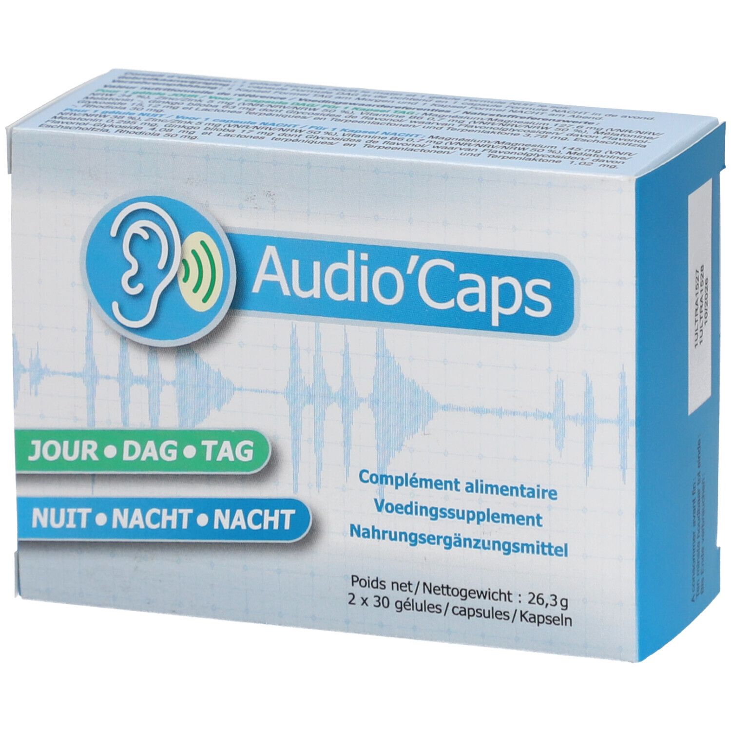 Boîte "Audio'Caps" avec logo oreille. Complément alimentaire. Inscriptions en français, allemand, néerlandais. 2x30 gélules.