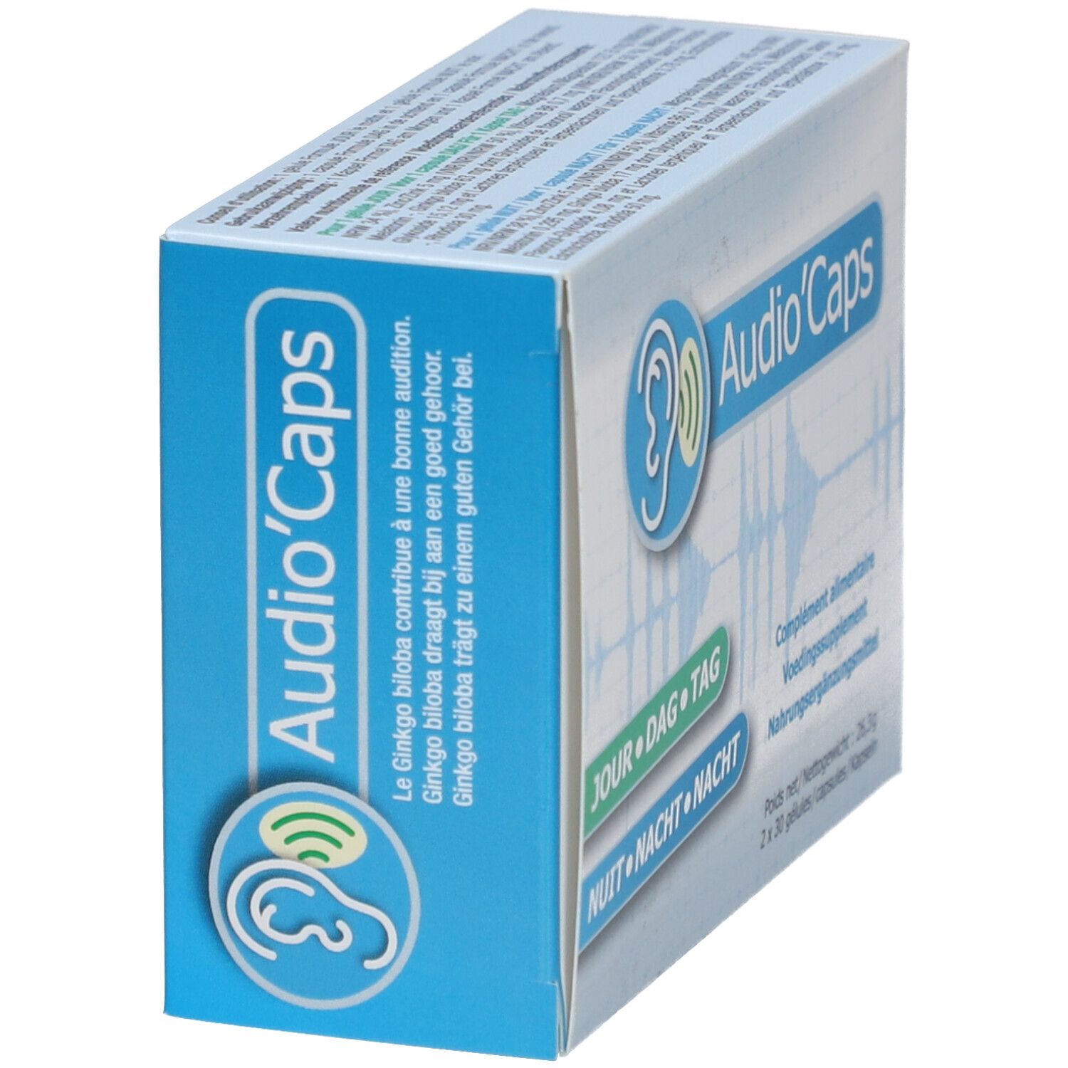 Vue oblique de la boîte "Audio'Caps". Logo oreille et ondes. Inscriptions en français, allemand, néerlandais. 30 gélules.