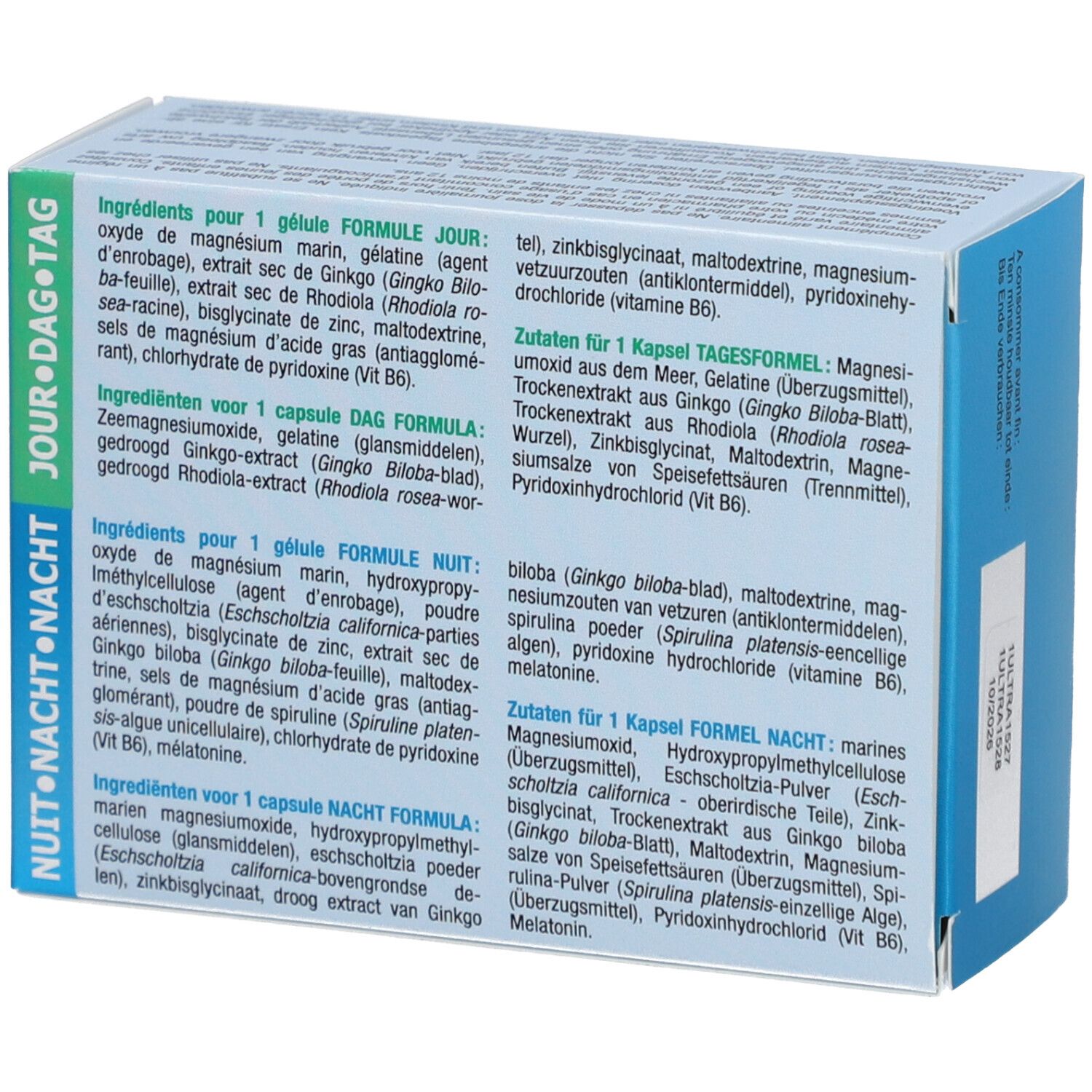 Dos de la boîte "Audio'Caps". Liste des ingrédients pour formules jour et nuit. Texte multilingue.