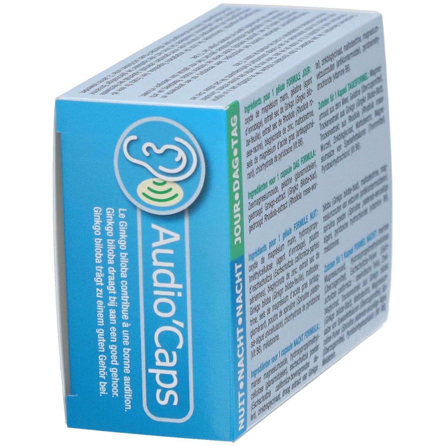 Vue oblique de la boîte "Audio'Caps". Logo oreille et ondes. Inscriptions en français, allemand, néerlandais. 30 gélules.