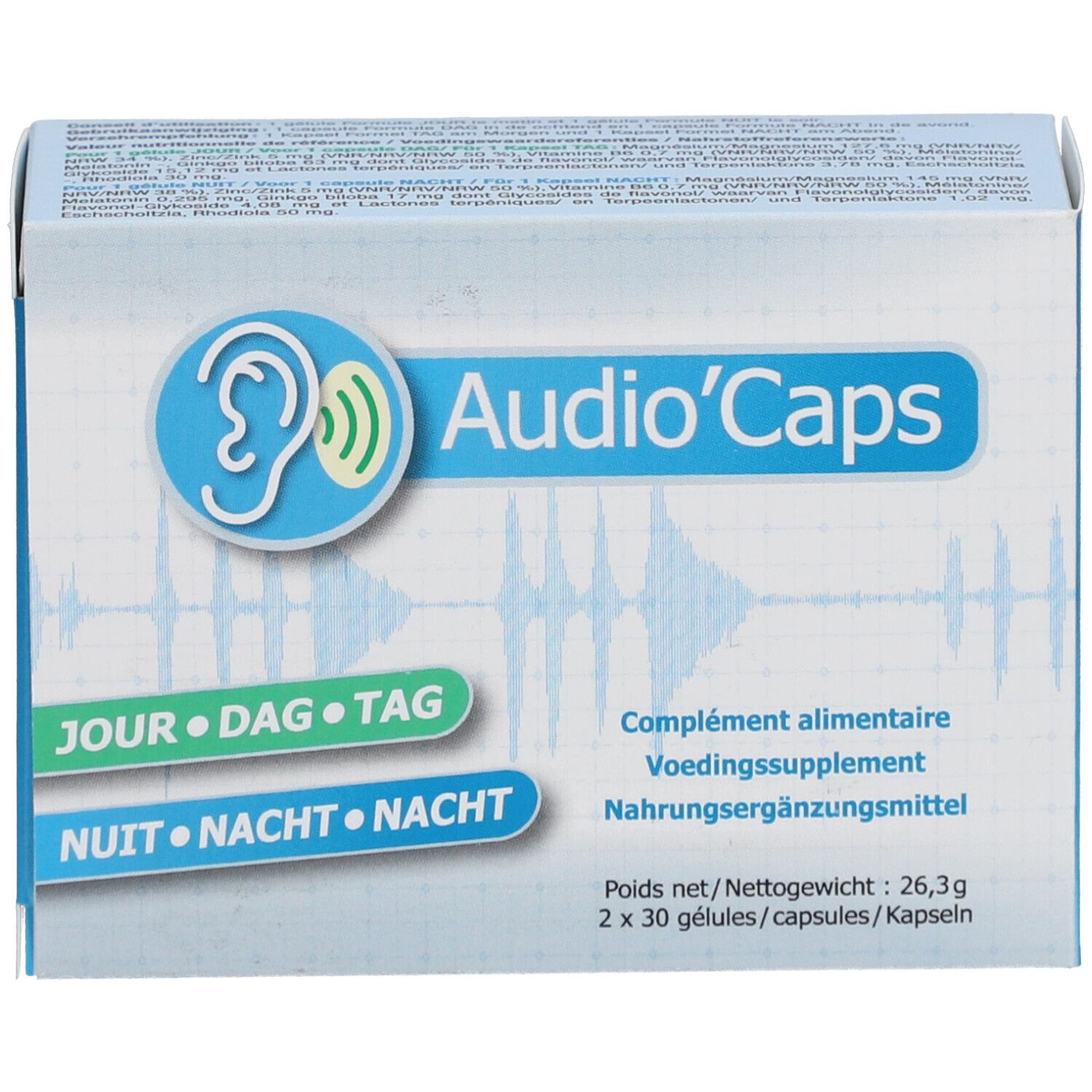 Boîte "Audio'Caps" avec logo oreille. Complément alimentaire. Inscriptions en français, allemand, néerlandais. 2x30 gélules.