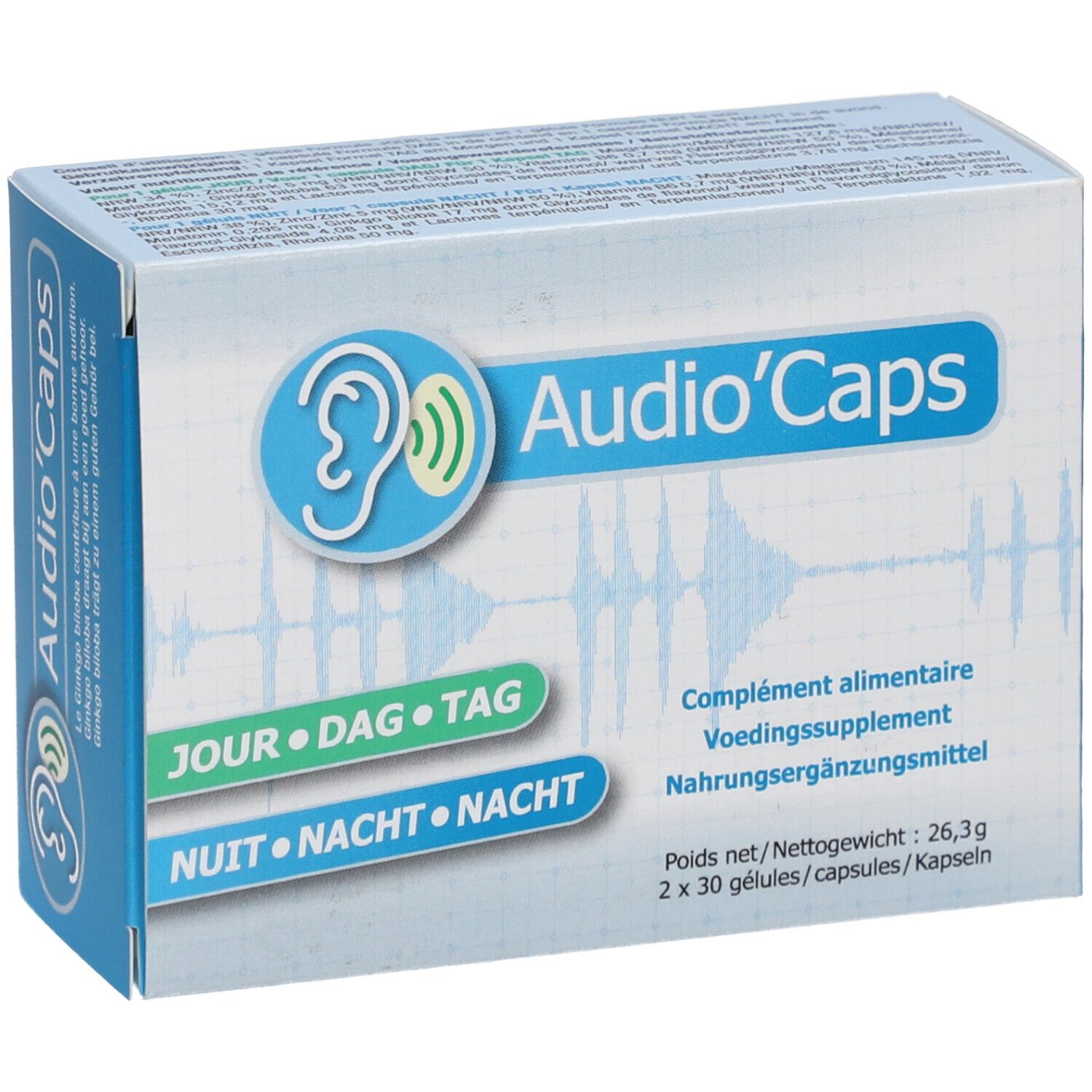 Boîte "Audio'Caps" avec logo oreille. Complément alimentaire. Inscriptions en français, allemand, néerlandais. 2x30 gélules.