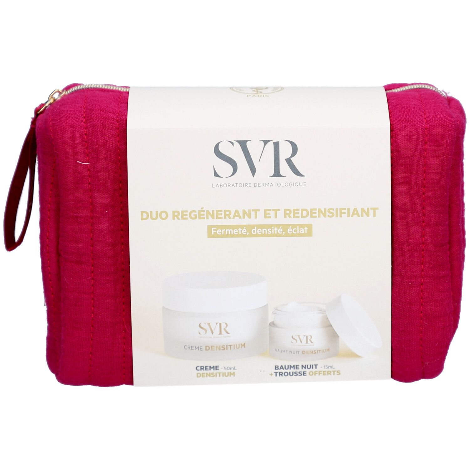 Trousse rose contenant deux crèmes. Inscription: SVR, Duo Régénérant et Redensifiant. Pots blancs avec couvercles.