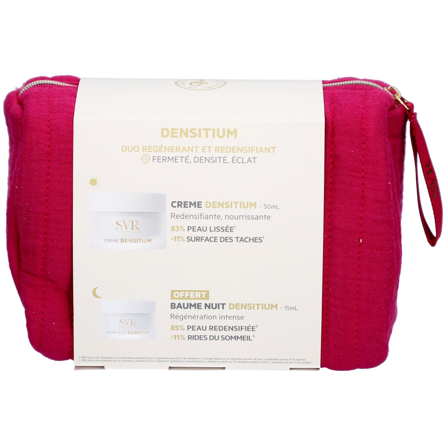 Trousse avec emballage produit. Inscription: SVR, Densitium Duo Régénérant et Redensifiant. Deux crèmes représentées.