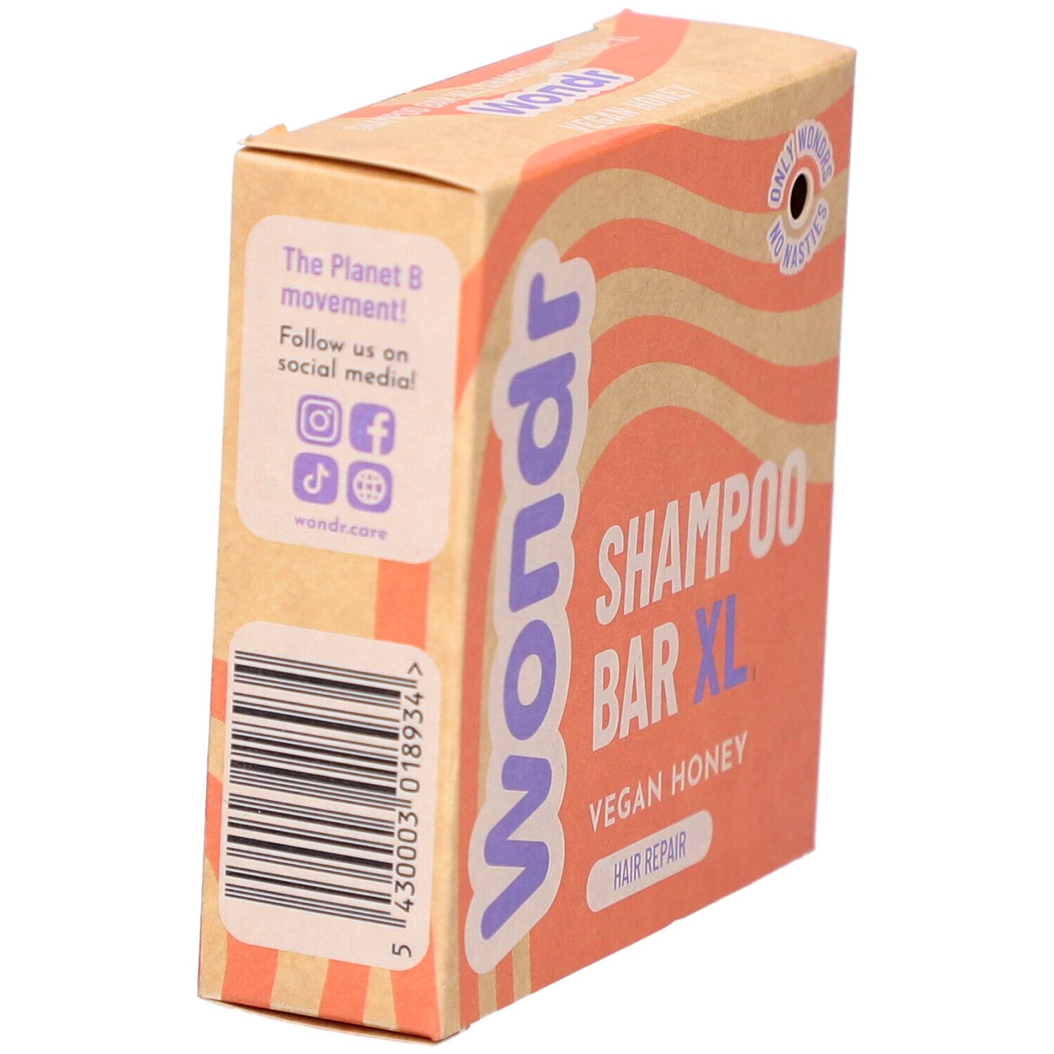 Emballage en carton Wondr, Shampoo Bar XL, Vegan Honey. Côté avec code-barres et icônes de réseaux sociaux.