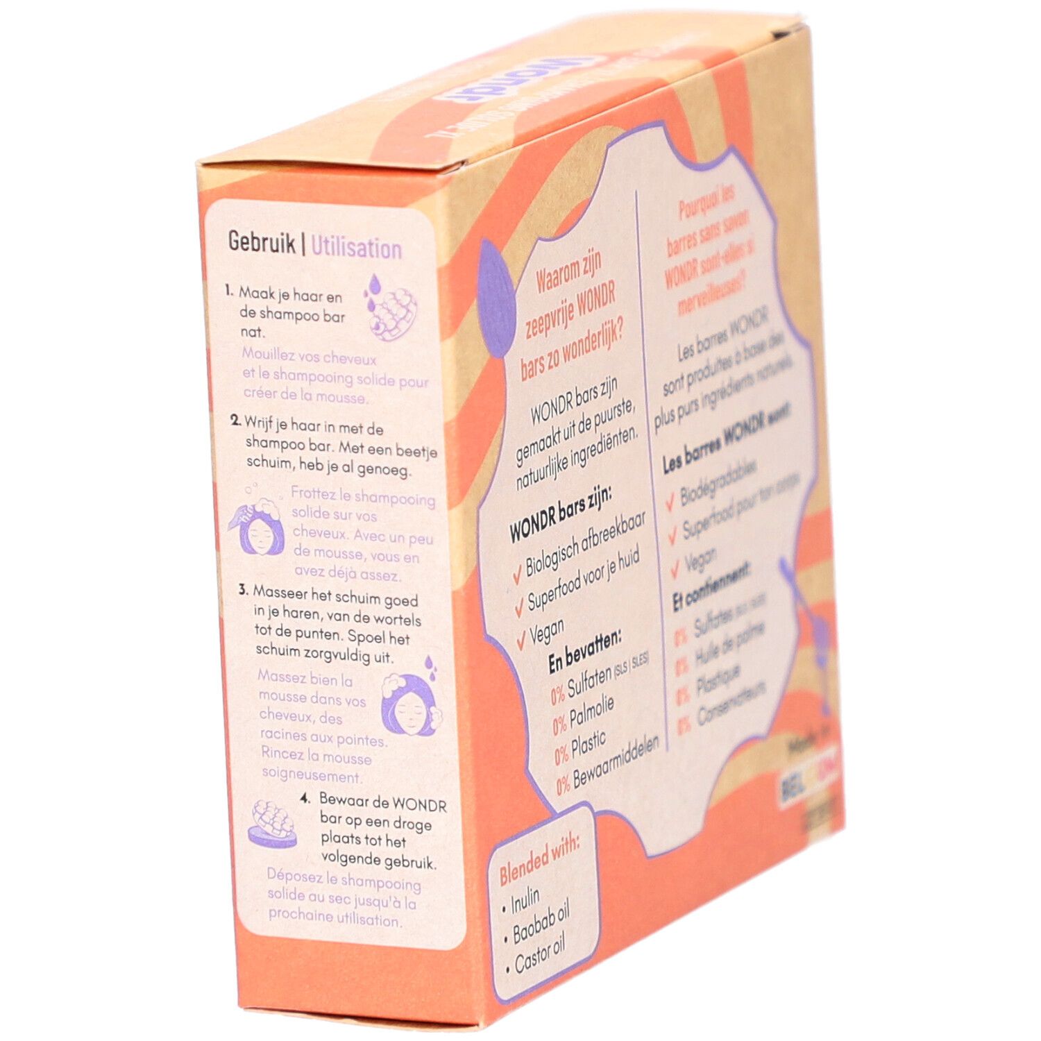 Emballage en carton avec informations d'utilisation. Texte en néerlandais et français.