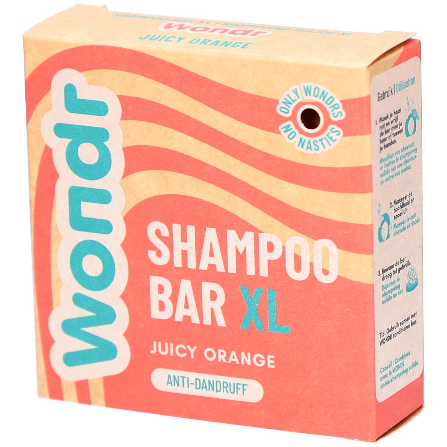 Emballage en carton "Wondr Shampoo Bar XL Juicy Orange". Motif ondulé, logo et informations produit.