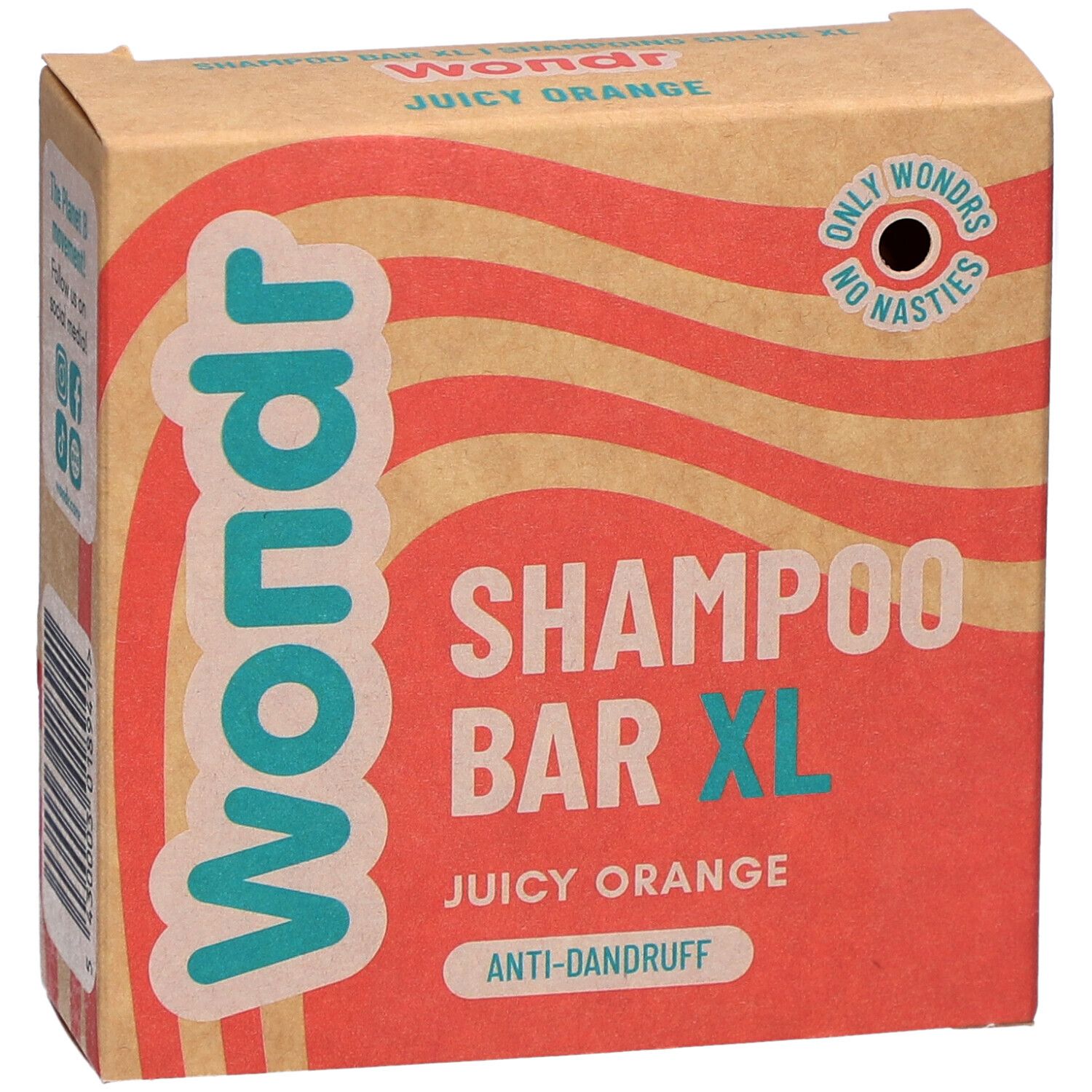 Face avant de l'emballage en carton. Inscription "Wondr Shampoo Bar XL Juicy Orange" et logo.