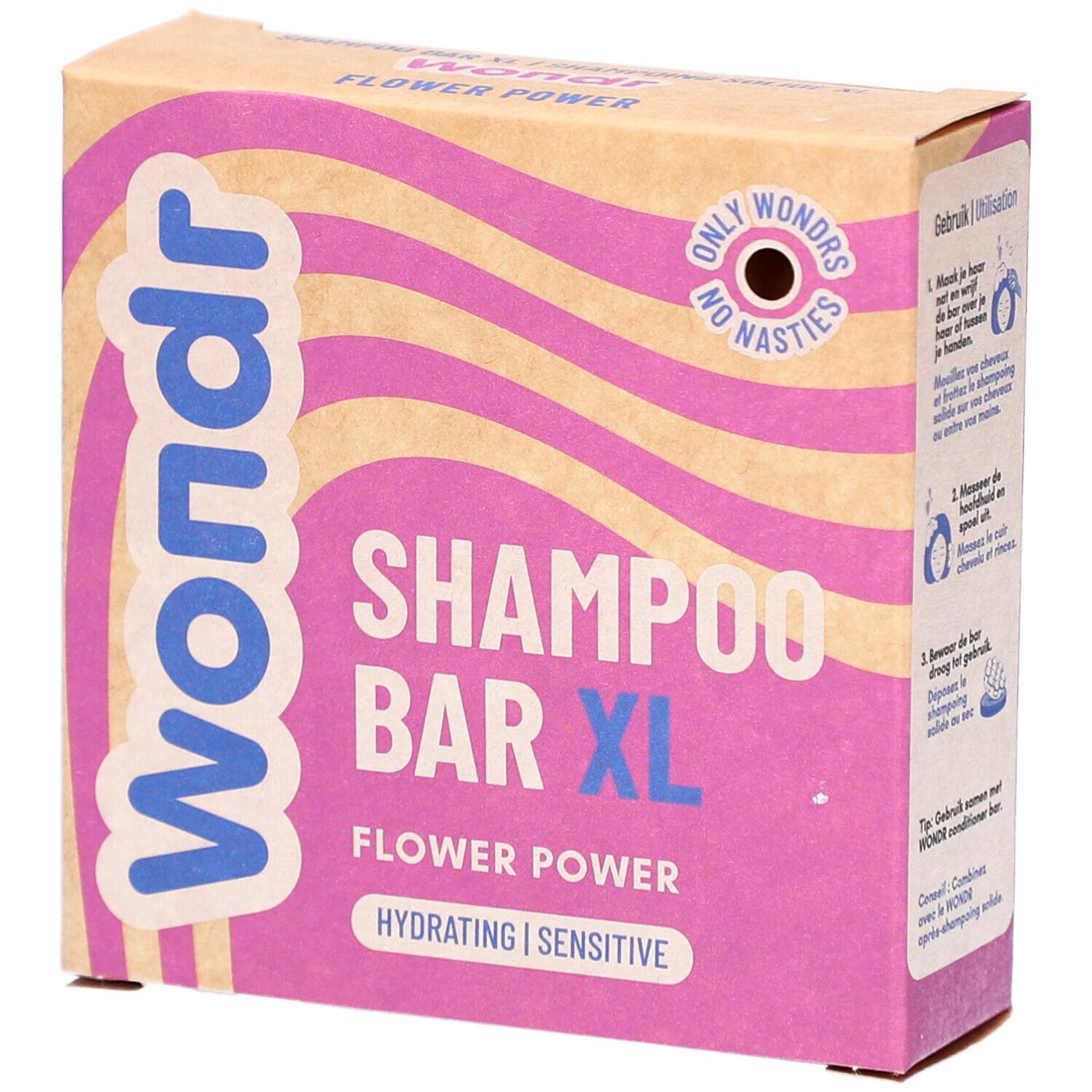 Boîte Wondr Shampoo Bar XL. Motif vagues roses et jaunes. Inscription : Flower Power, Hydrating, Sensitive.