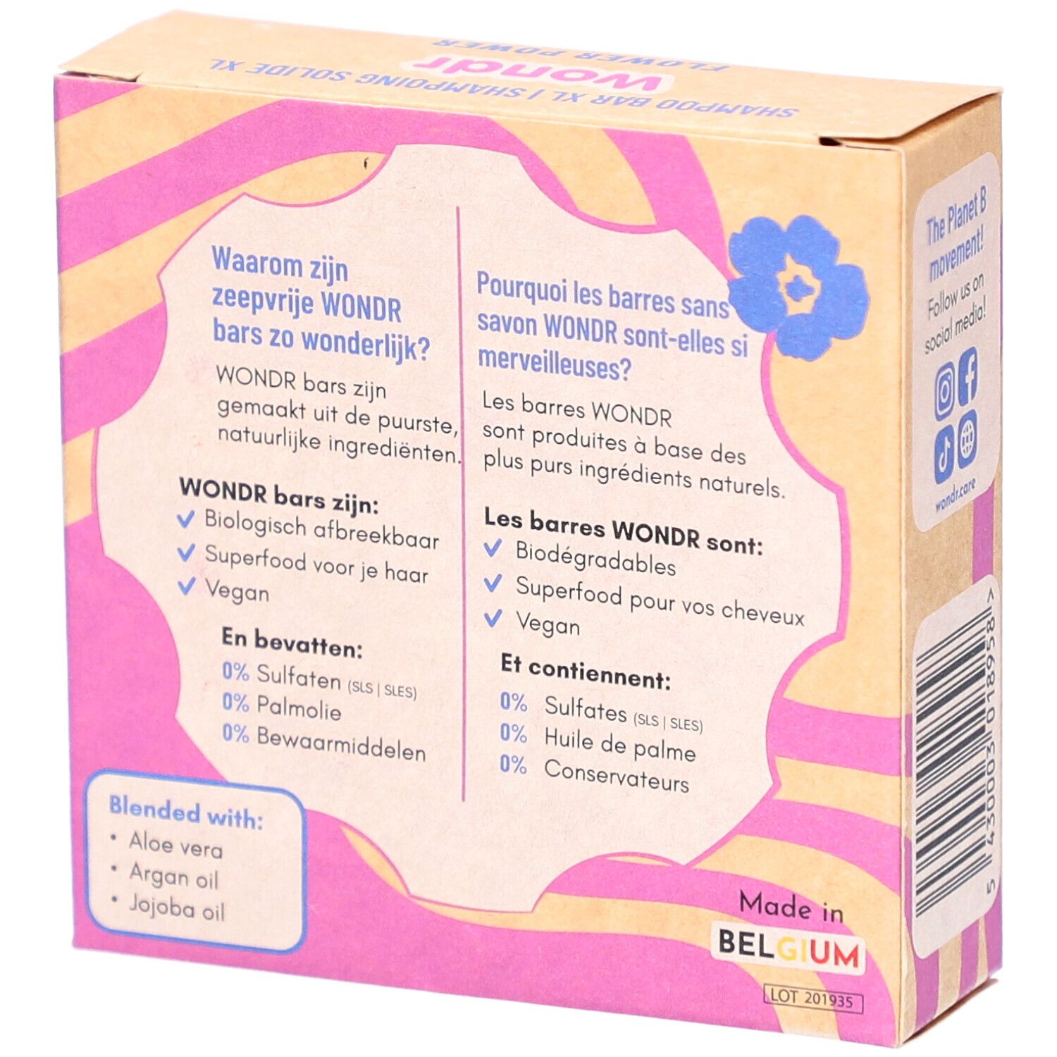 Dos de la boîte Wondr Shampoo Bar XL. Texte en allemand et français. Ingrédients, certifications.