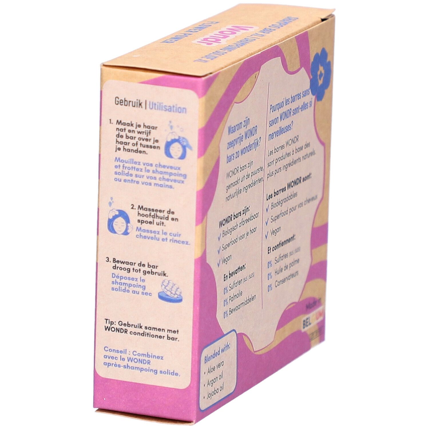 Vue latérale de la boîte Wondr Shampoo Bar XL. Instructions d'utilisation en allemand et français.