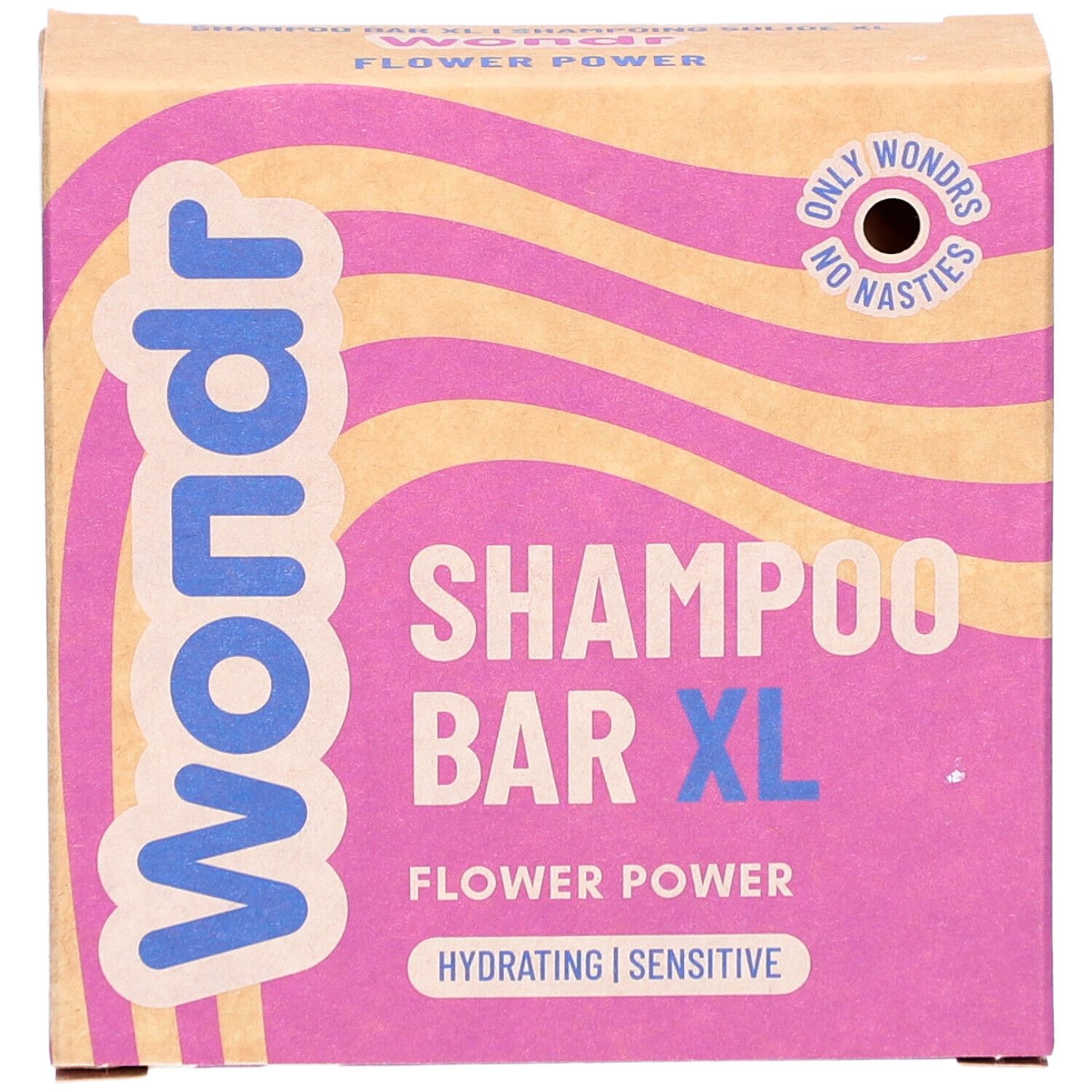 Boîte Wondr Shampoo Bar XL. Motif vagues roses et jaunes. Inscription : Flower Power, Hydrating, Sensitive.