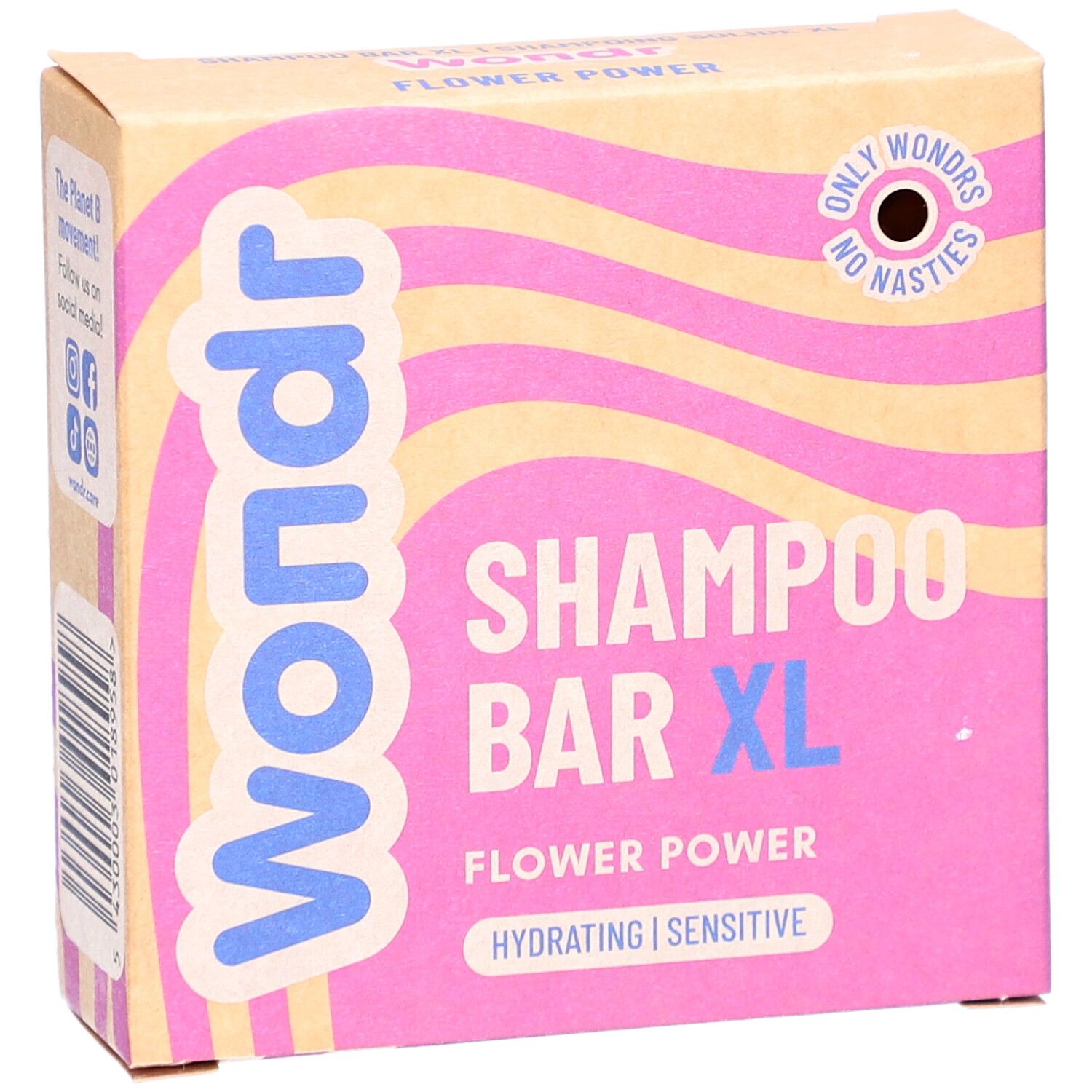 Boîte Wondr Shampoo Bar XL. Motif vagues roses et jaunes. Inscription : Flower Power, Hydrating, Sensitive.