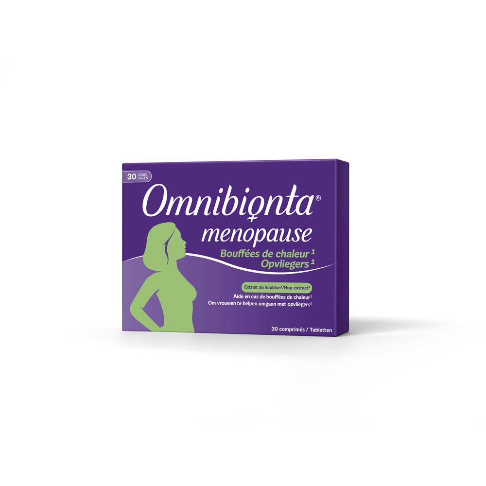 Boîte Omnibionta menopause. Violet, silhouette de femme. 30 comprimés.