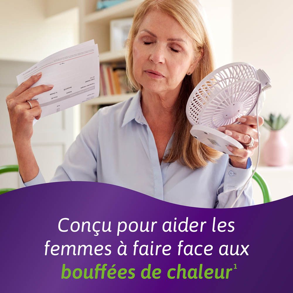 Femme avec ventilateur et papiers. Texte: Conçu pour aider les femmes à faire face aux bouffées de chaleur.