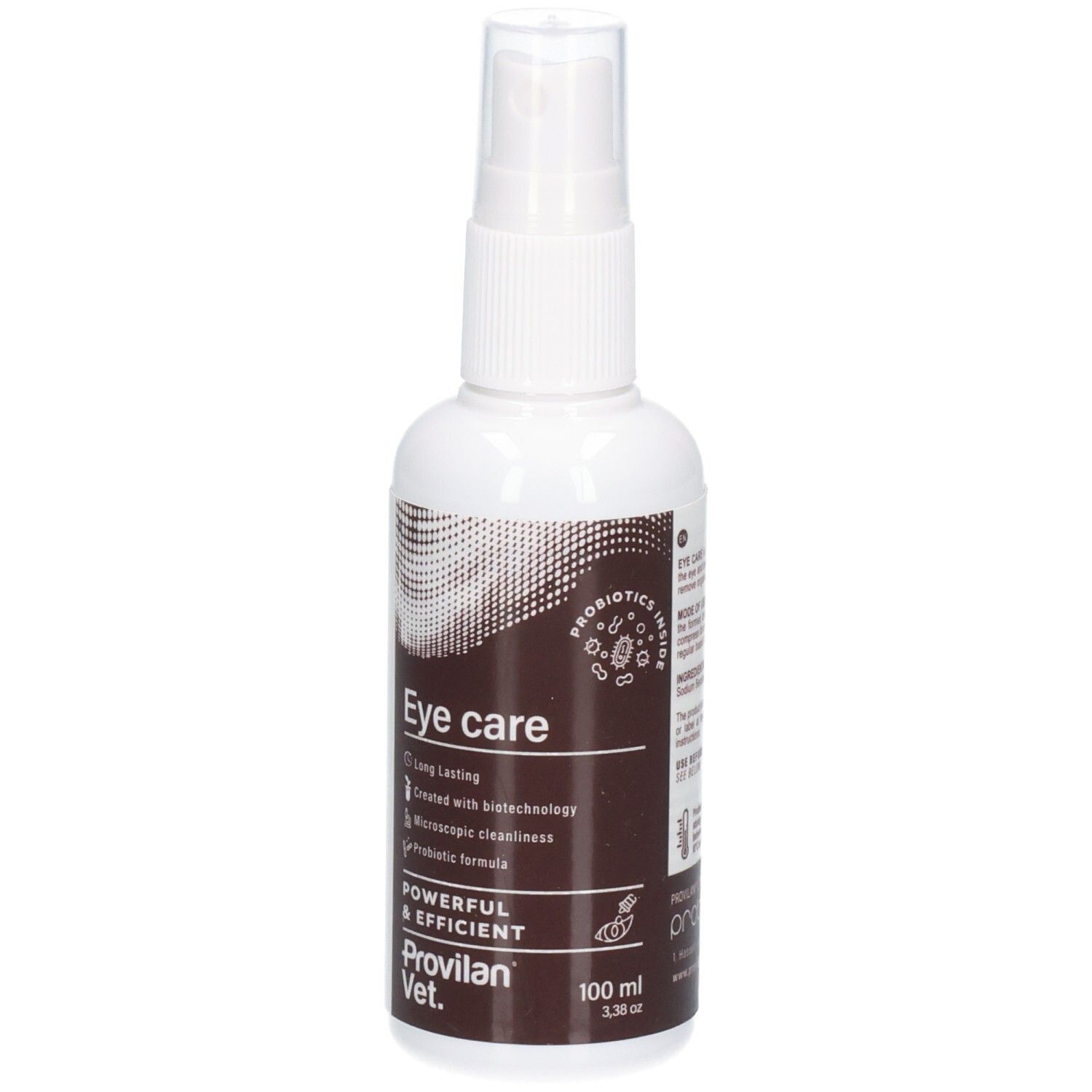 Flacon pulvérisateur blanc avec étiquette marron pour les soins oculaires, 100 ml.