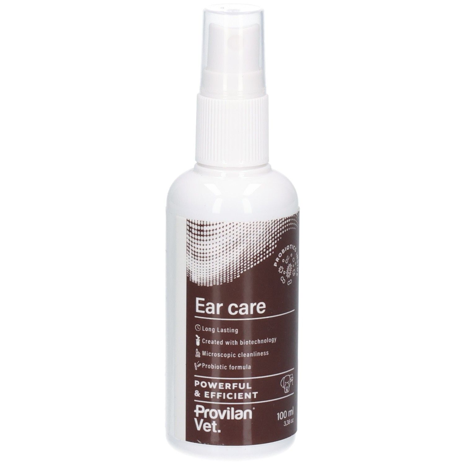 Flacon pulvérisateur blanc avec étiquette marron pour le soin des oreilles. Contient 100 ml.