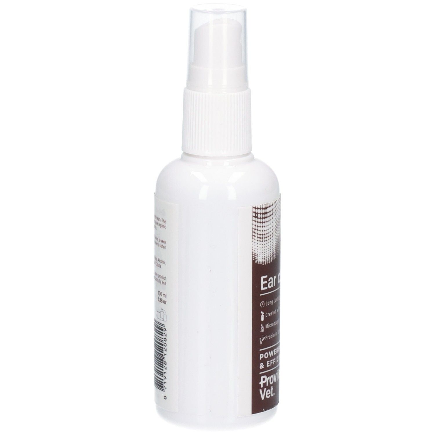 Vue latérale d'un flacon pulvérisateur blanc avec étiquette marron pour le soin des oreilles.