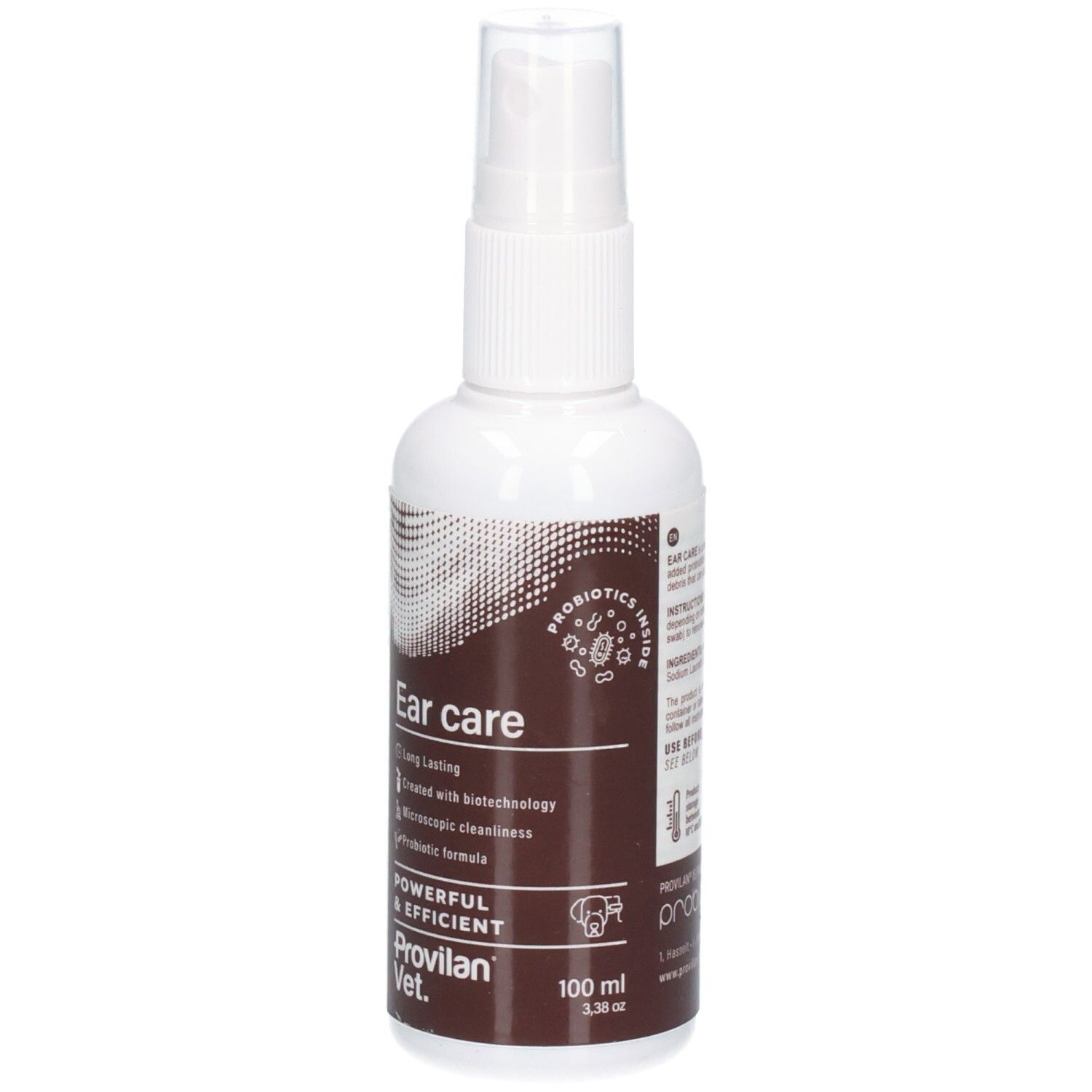 Avant d'un flacon pulvérisateur blanc avec étiquette marron, montre 'Ear care' et 'Probiotics inside'.