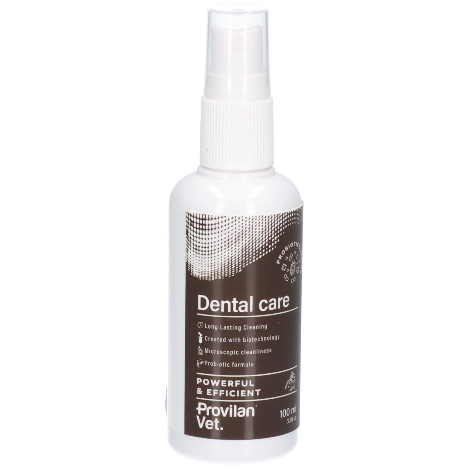 Flacon spray blanc avec étiquette marron pour Provilan Vet. Dental Care, 100 ml.