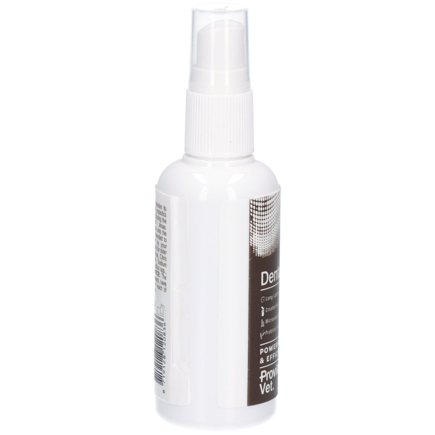 Vue latérale d'un flacon spray blanc avec étiquette marron pour Provilan Vet. Dental Care.