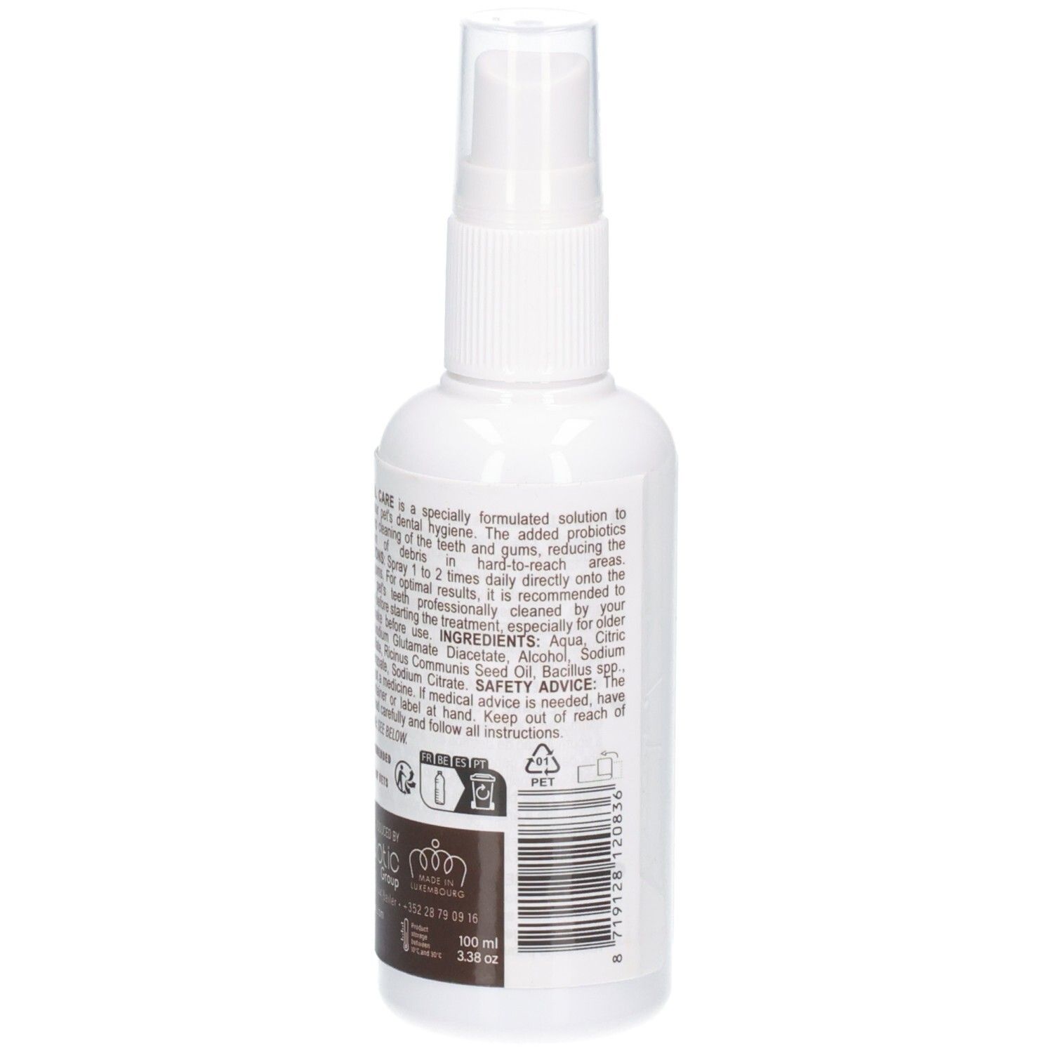 Arrière d'un flacon spray blanc avec étiquette marron pour Provilan Vet. Dental Care, 100 ml.