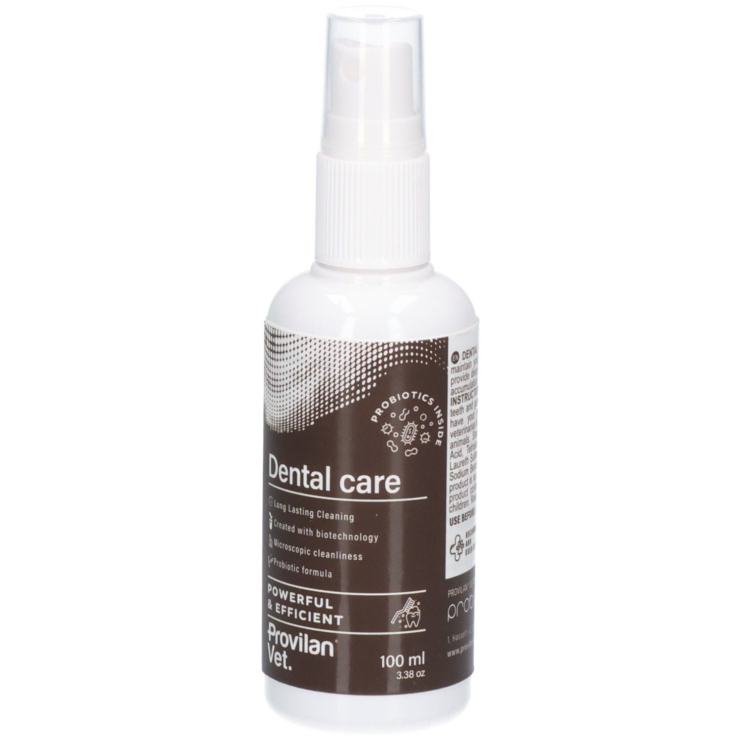 Flacon spray blanc avec étiquette marron pour Provilan Vet. Dental Care, 100 ml.