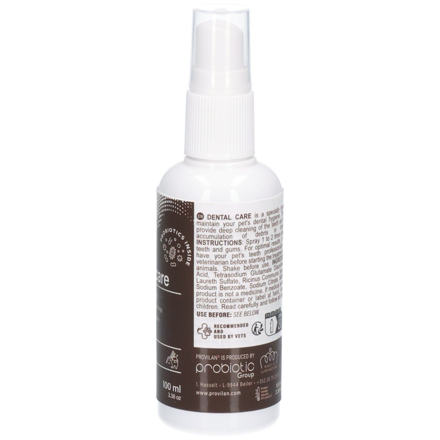 Arrière d'un flacon spray blanc avec étiquette marron pour Provilan Vet. Dental Care.