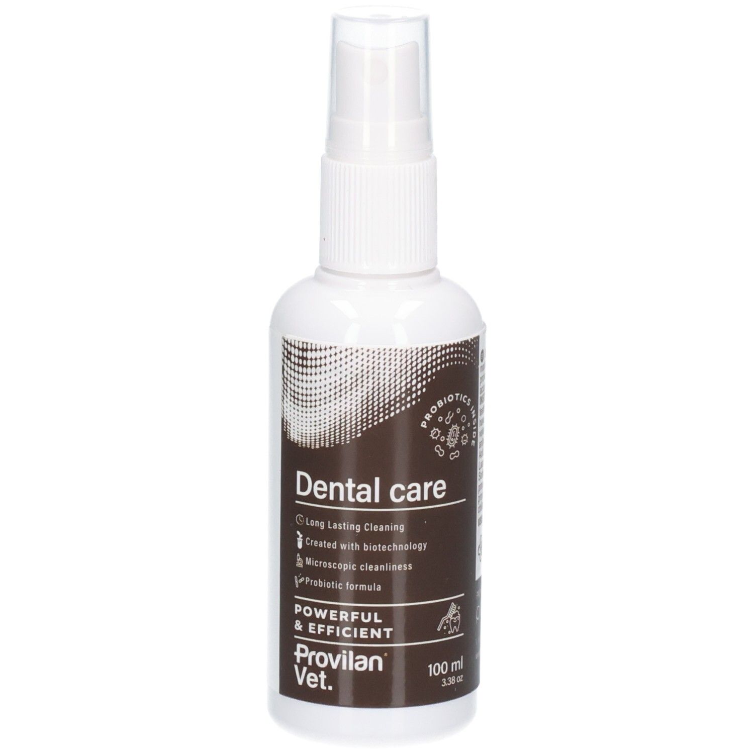 Flacon spray blanc avec étiquette marron pour Provilan Vet. Dental Care, 100 ml.