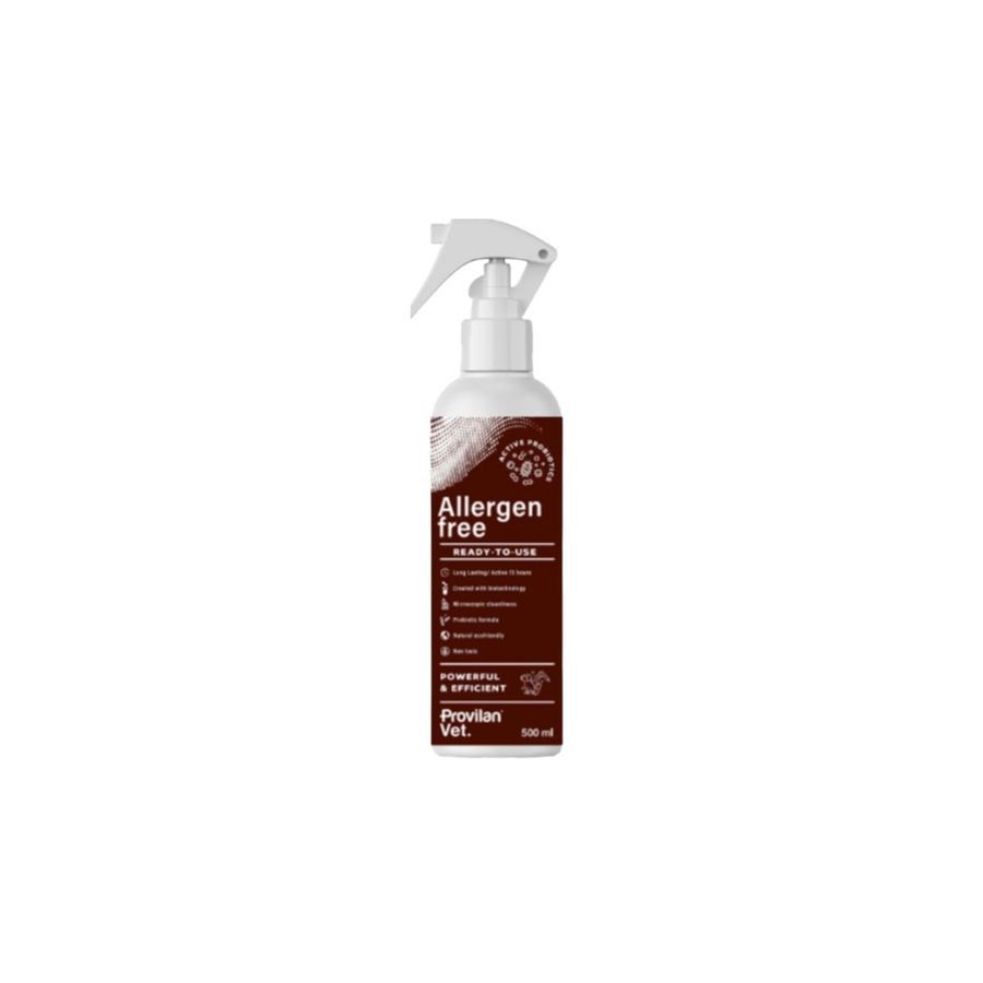 Flacon pulvérisateur blanc avec étiquette marron, Provilan Vet. Allergenfrei, 300 ml, tête de pulvérisation.