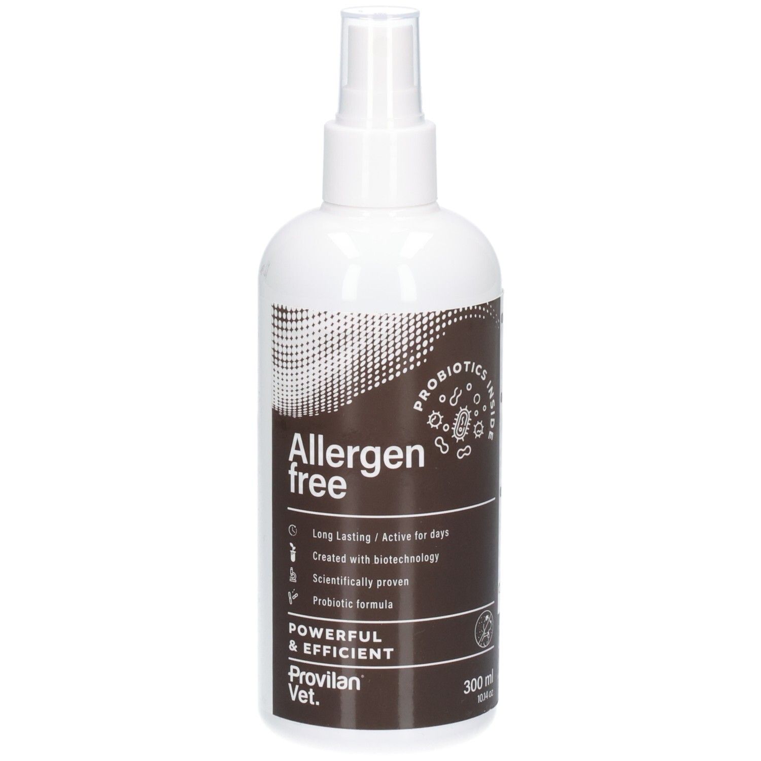 Flacon pulvérisateur blanc avec étiquette marron, Provilan Vet. Allergenfrei, 300 ml.