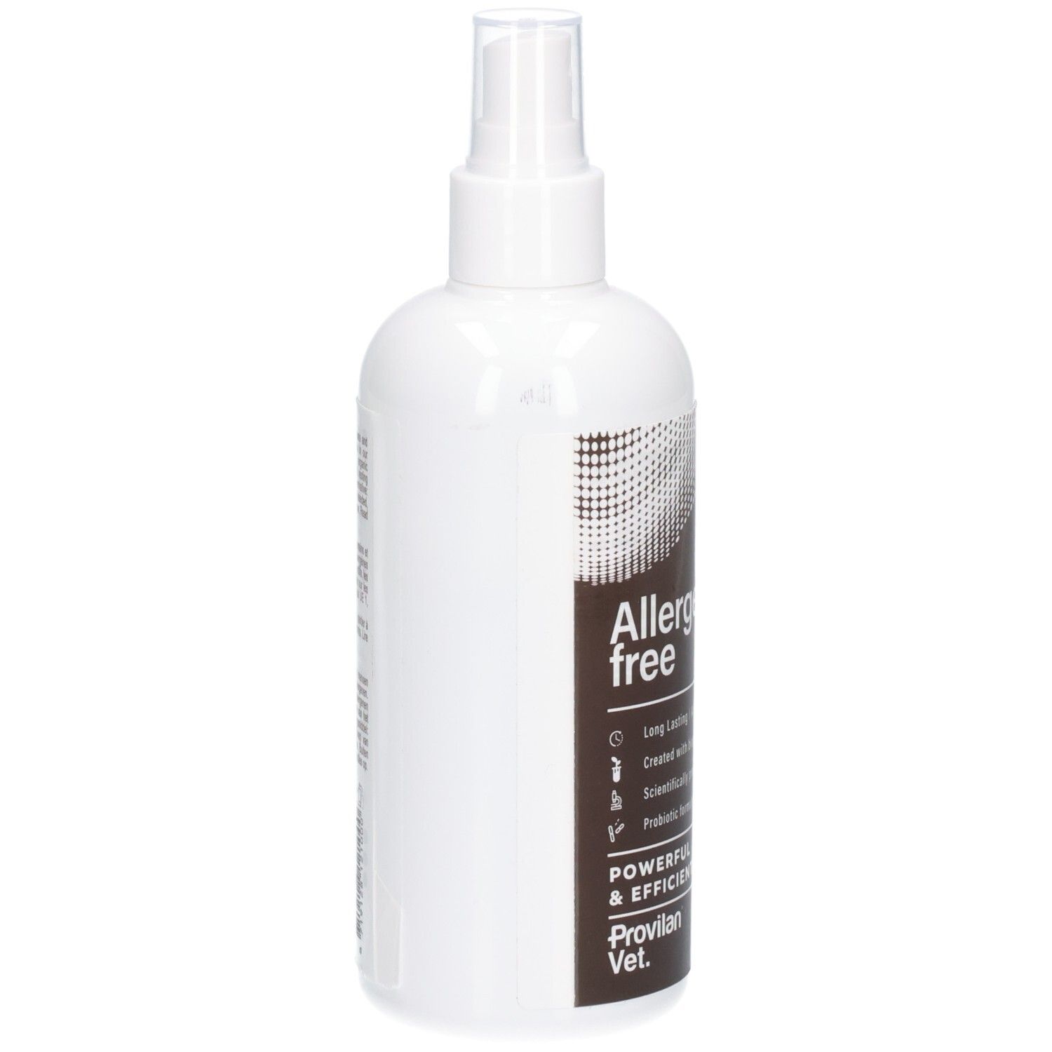 Vue latérale d'un flacon pulvérisateur blanc avec étiquette marron, Provilan Vet. Allergenfrei.