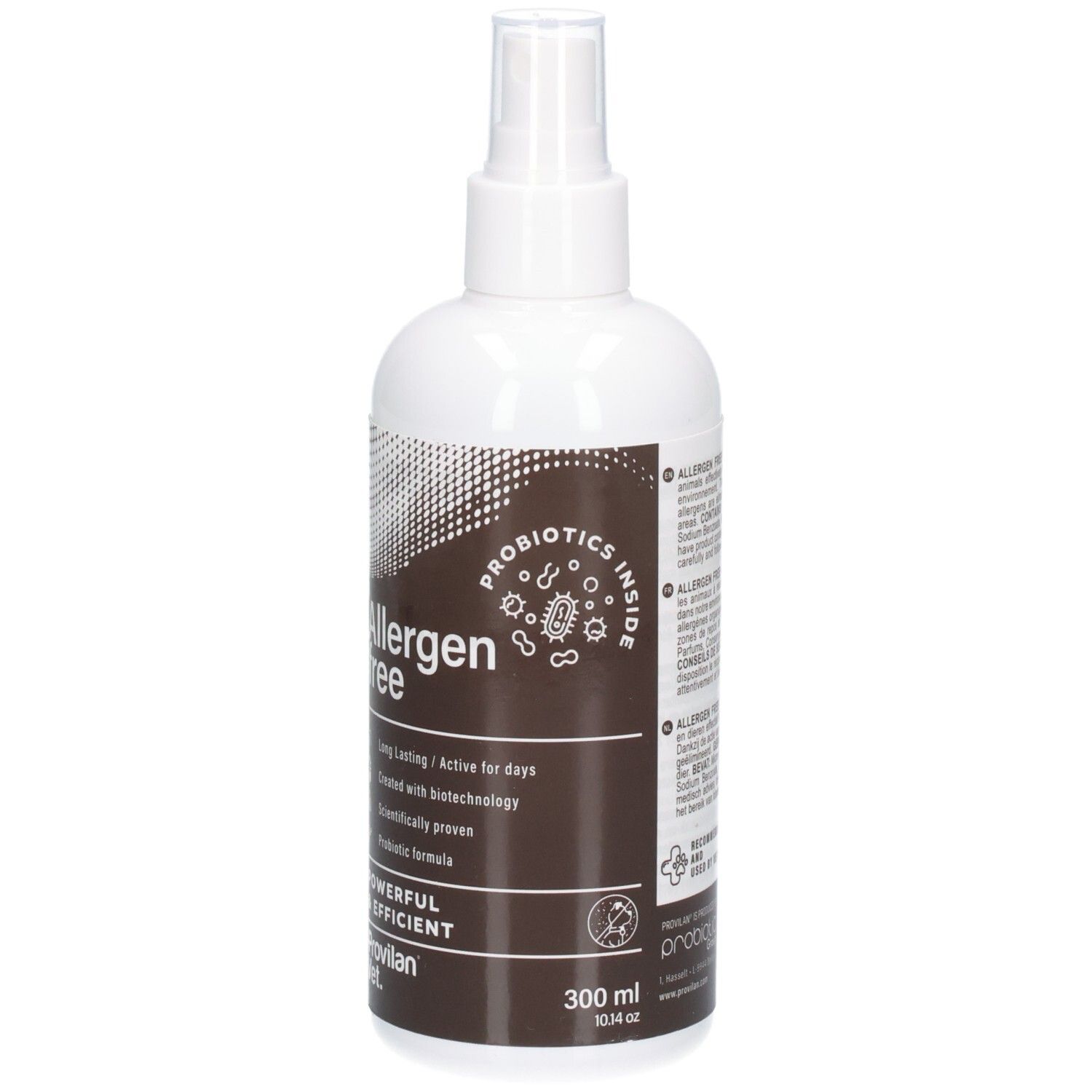 Flacon pulvérisateur blanc avec étiquette marron, Provilan Vet. Allergenfrei, 300 ml, avec symbole probiotique.