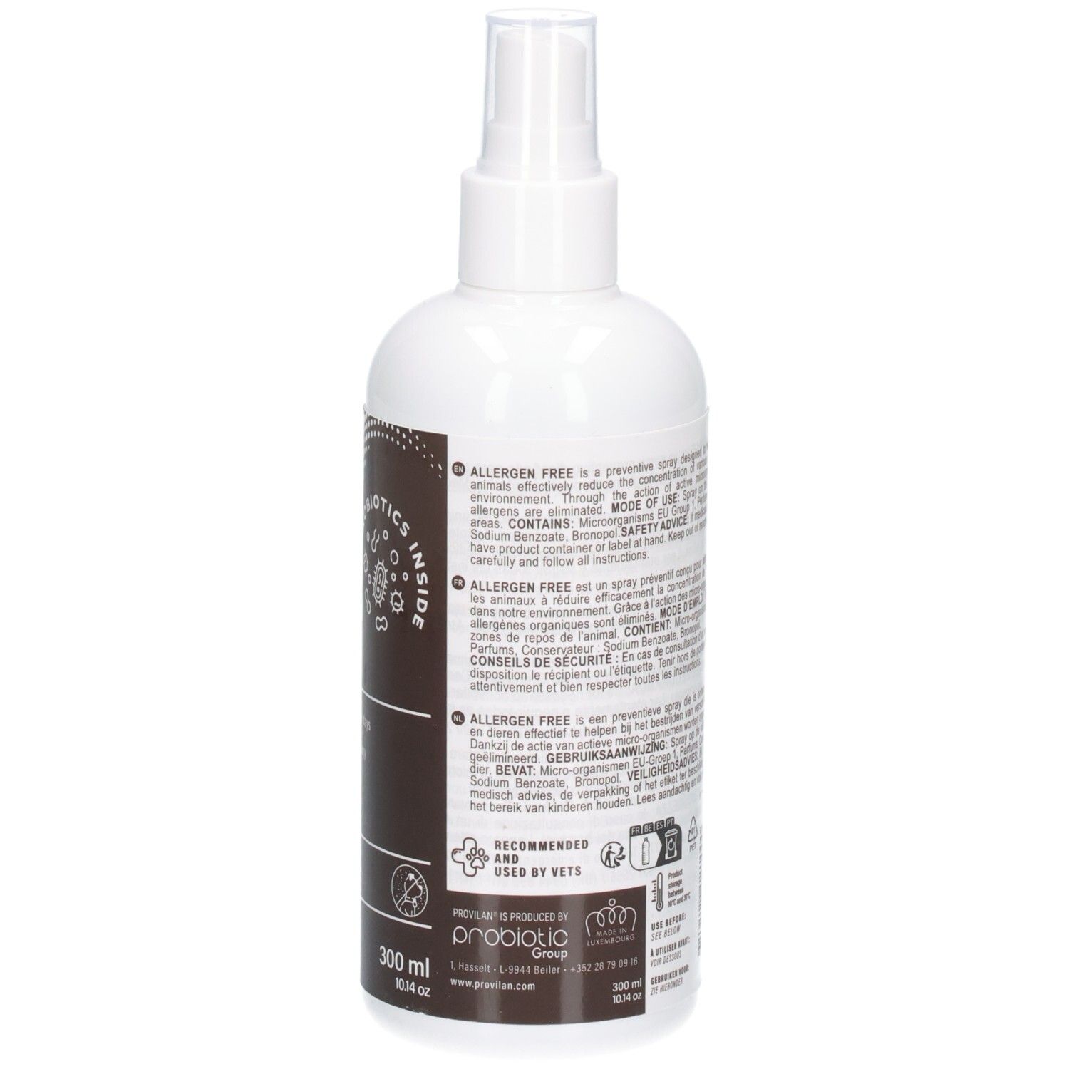 Arrière d'un flacon pulvérisateur blanc avec étiquette marron, Provilan Vet. Allergenfrei, 300 ml.