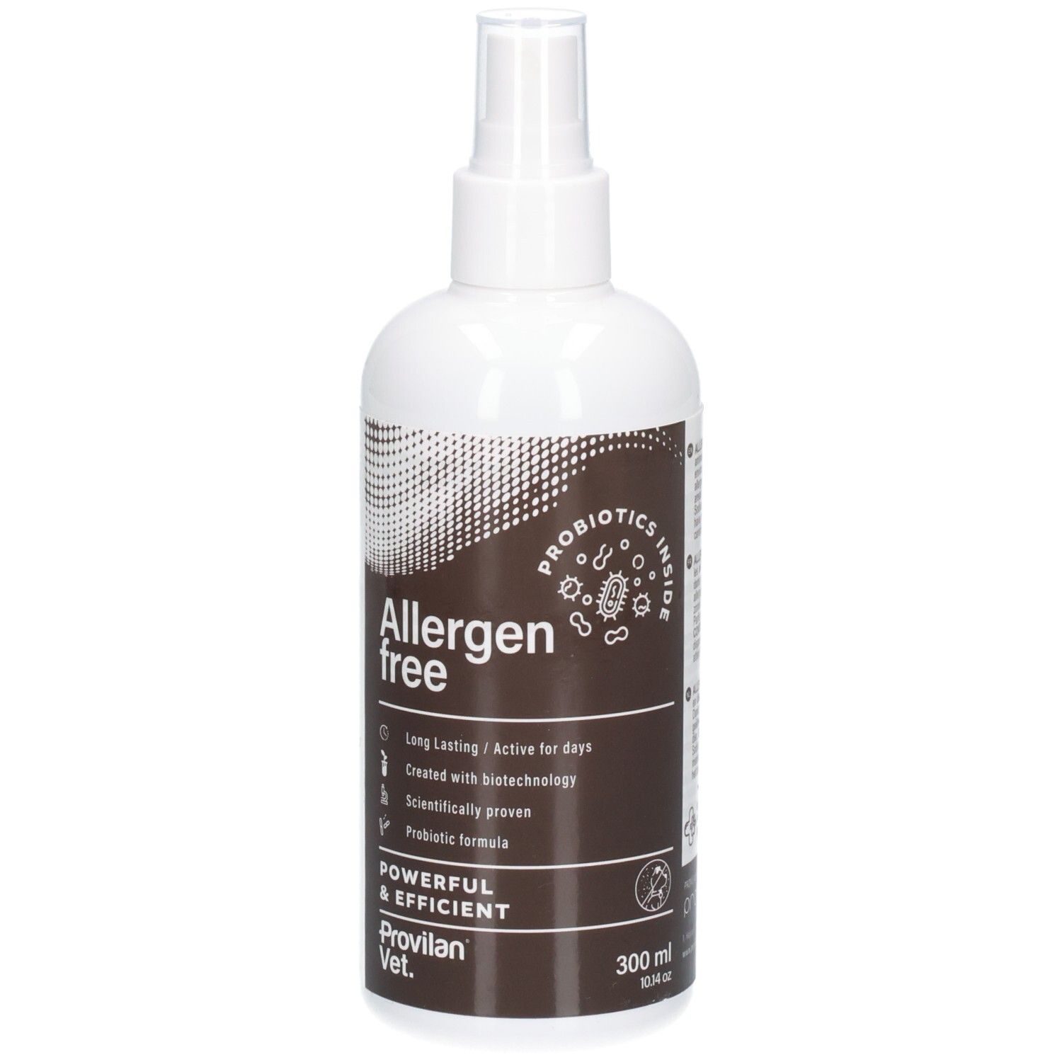 Flacon pulvérisateur blanc avec étiquette marron, Provilan Vet. Allergenfrei, 300 ml, avec symbole probiotique.
